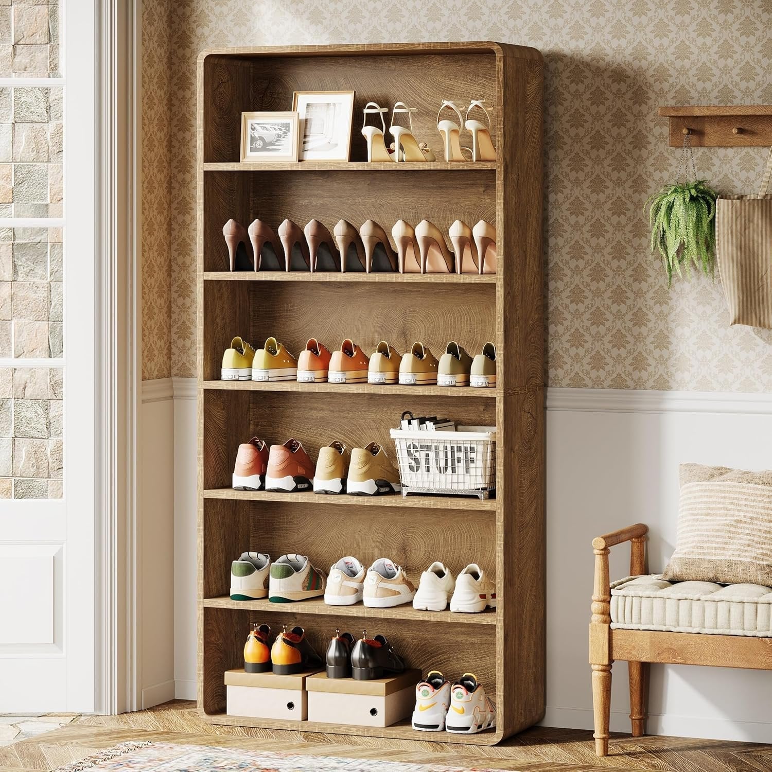 71" Shoe Cabinet, 6-Tier Wooden Vertical Shoe Rack Organizer with Open Shelf