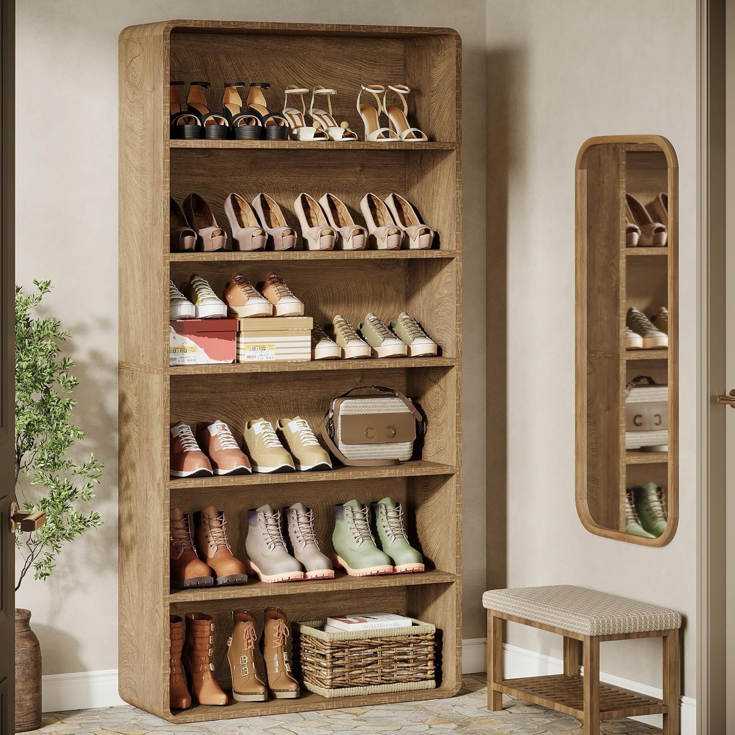 71" Shoe Cabinet, 6-Tier Wooden Vertical Shoe Rack Organizer with Open Shelf