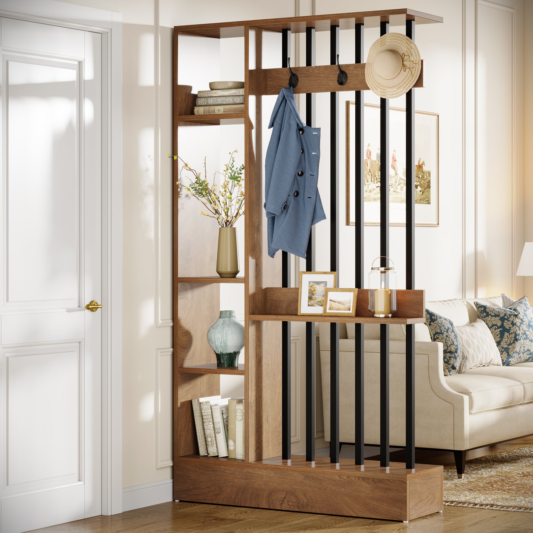 71" Wall Room Divider, Wood Freestanding Wall Partition Bookcase with Coat Hooks