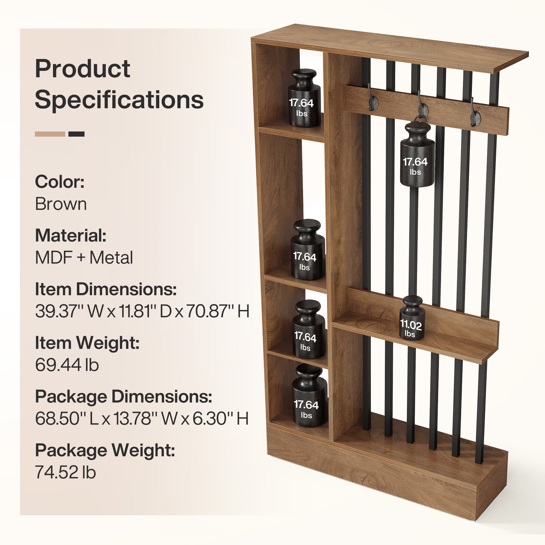 71" Wall Room Divider, Wood Freestanding Wall Partition Bookcase with Coat Hooks