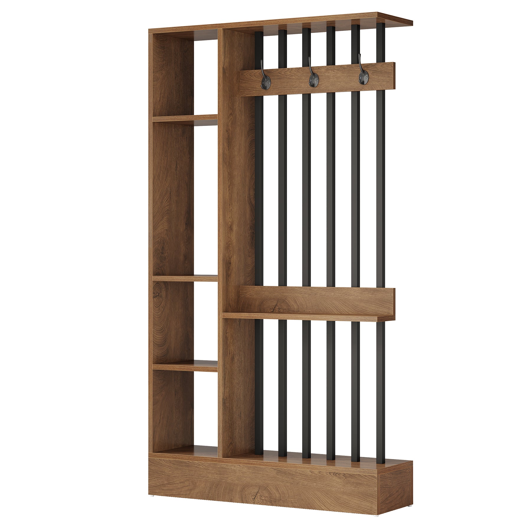 71" Wall Room Divider, Wood Freestanding Wall Partition Bookcase with Coat Hooks