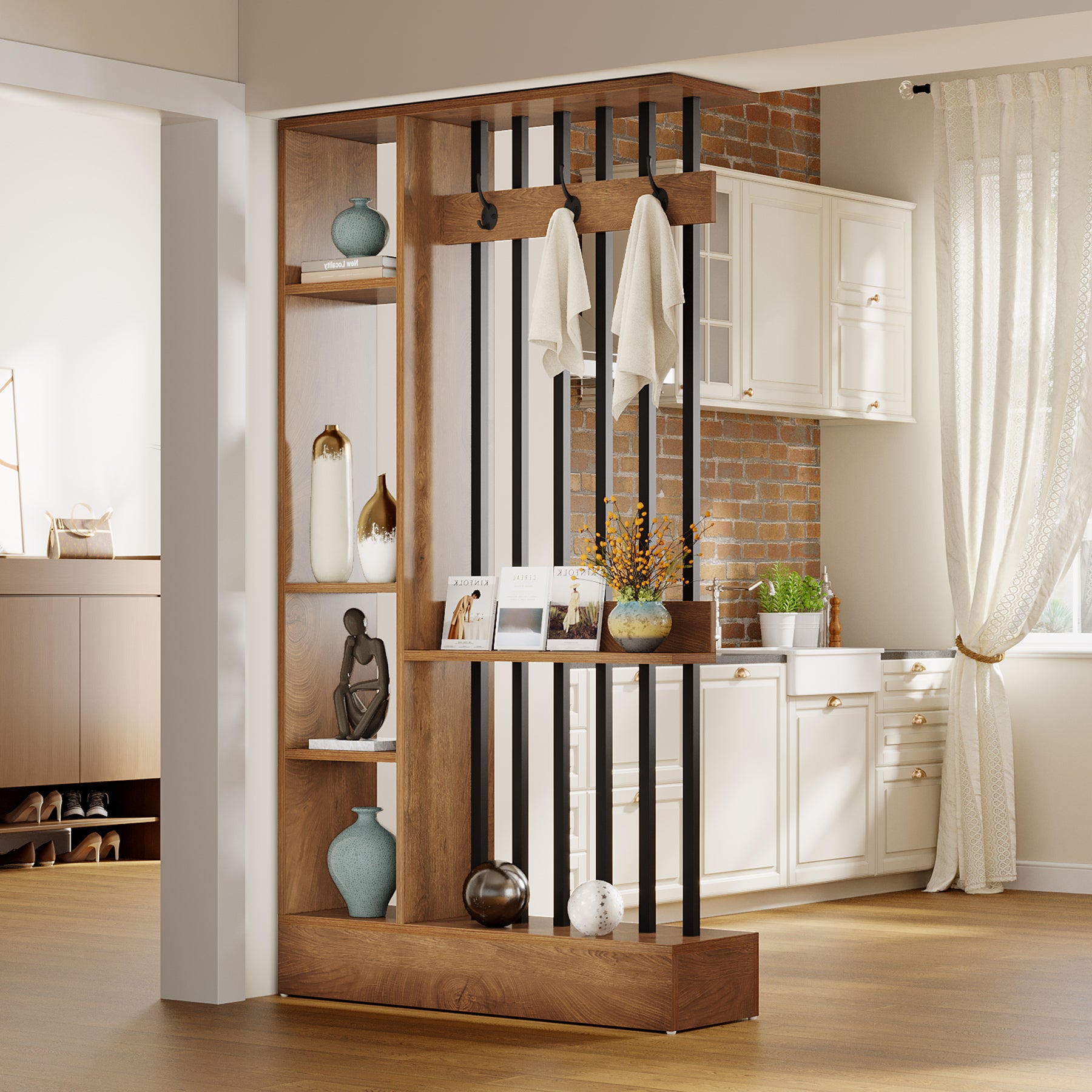 71" Wall Room Divider, Wood Freestanding Wall Partition Bookcase with Coat Hooks