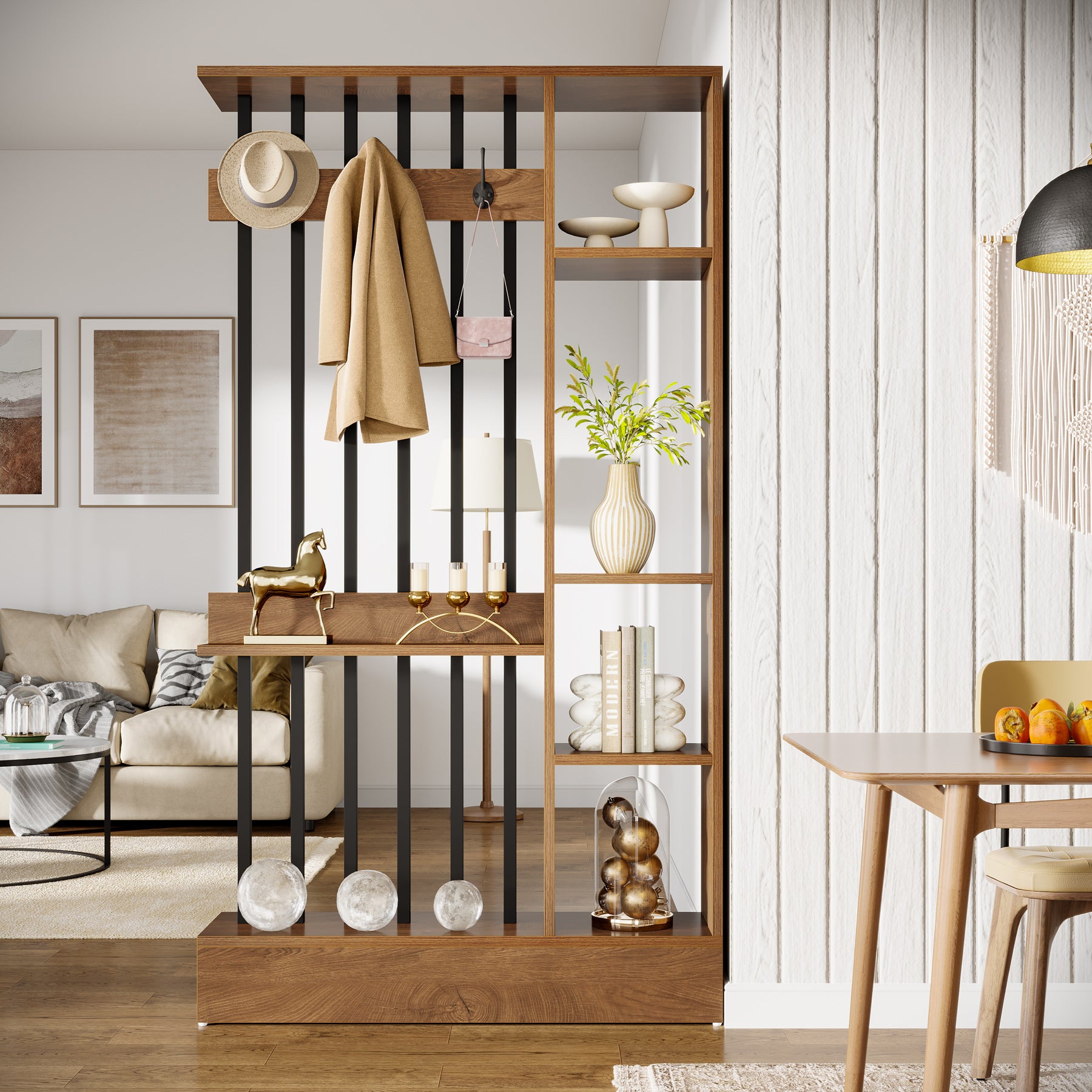 71" Wall Room Divider, Wood Freestanding Wall Partition Bookcase with Coat Hooks