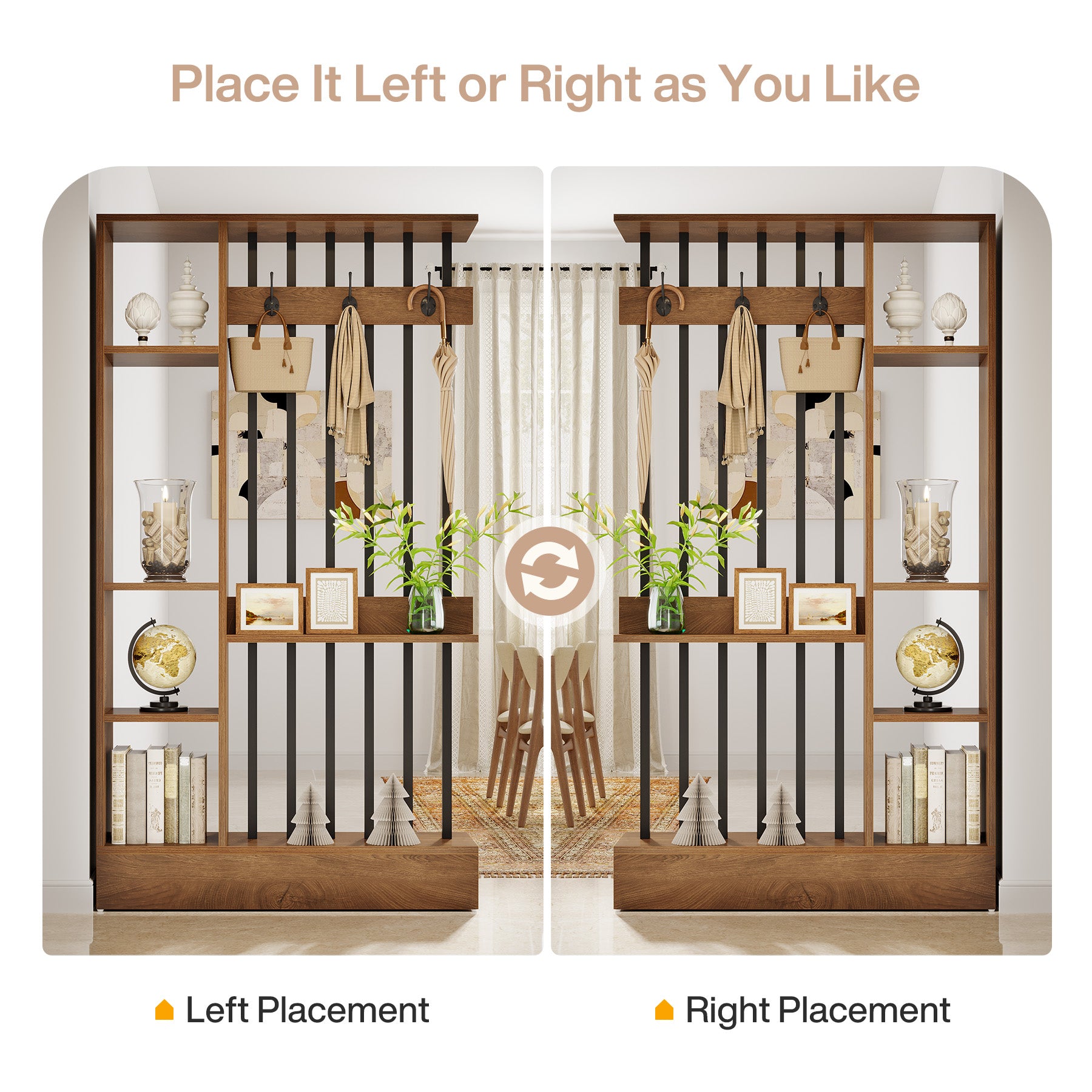71" Wall Room Divider, Wood Freestanding Wall Partition Bookcase with Coat Hooks