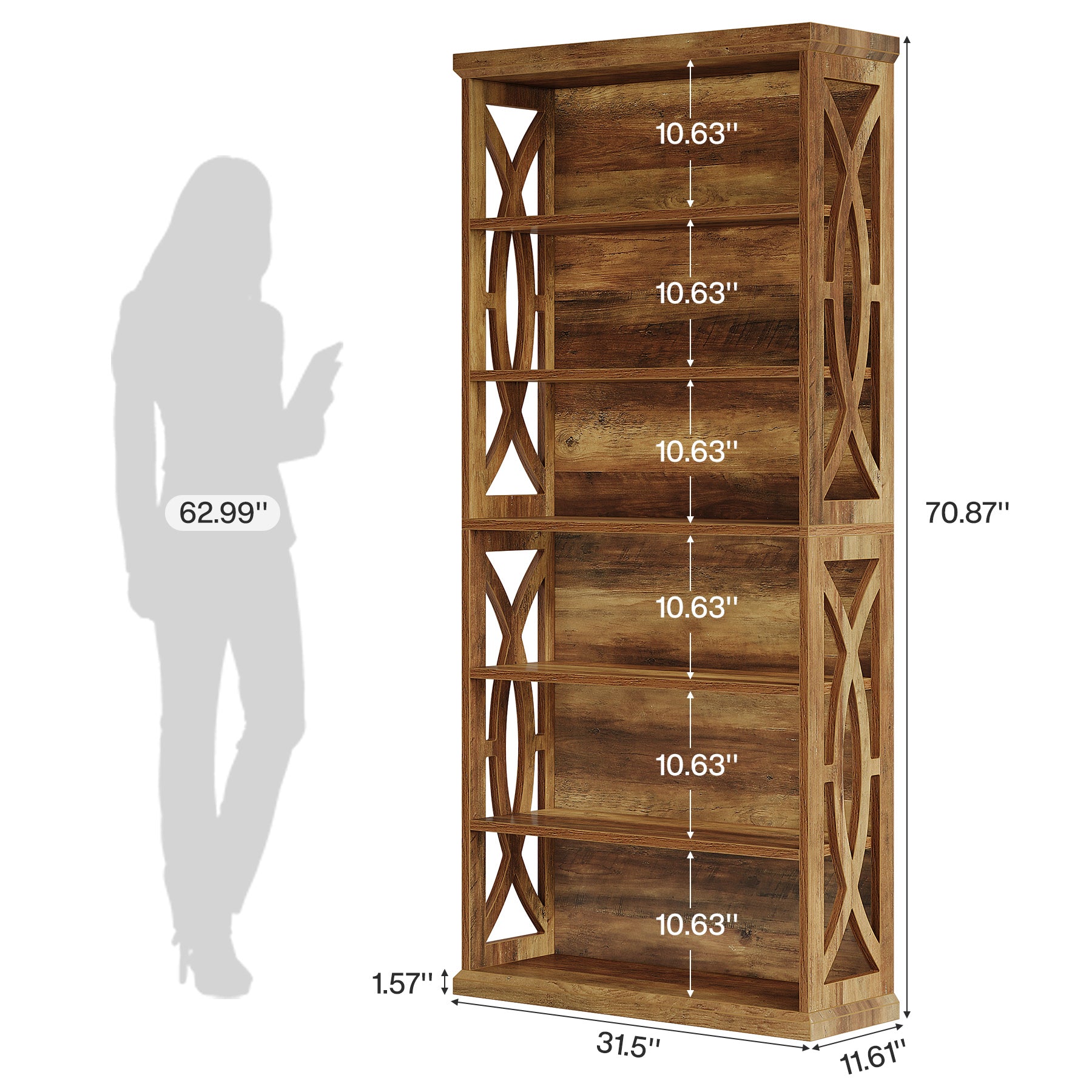 71" Wooden Bookshelf, 6-Tier Freestanding Bookcase Display Shelves