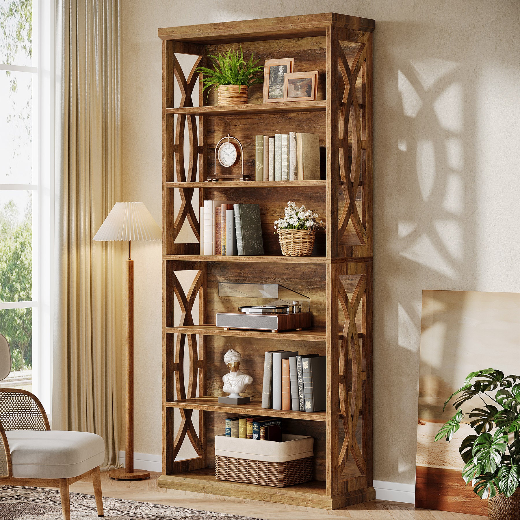 71" Wooden Bookshelf, 6-Tier Freestanding Bookcase Display Shelves