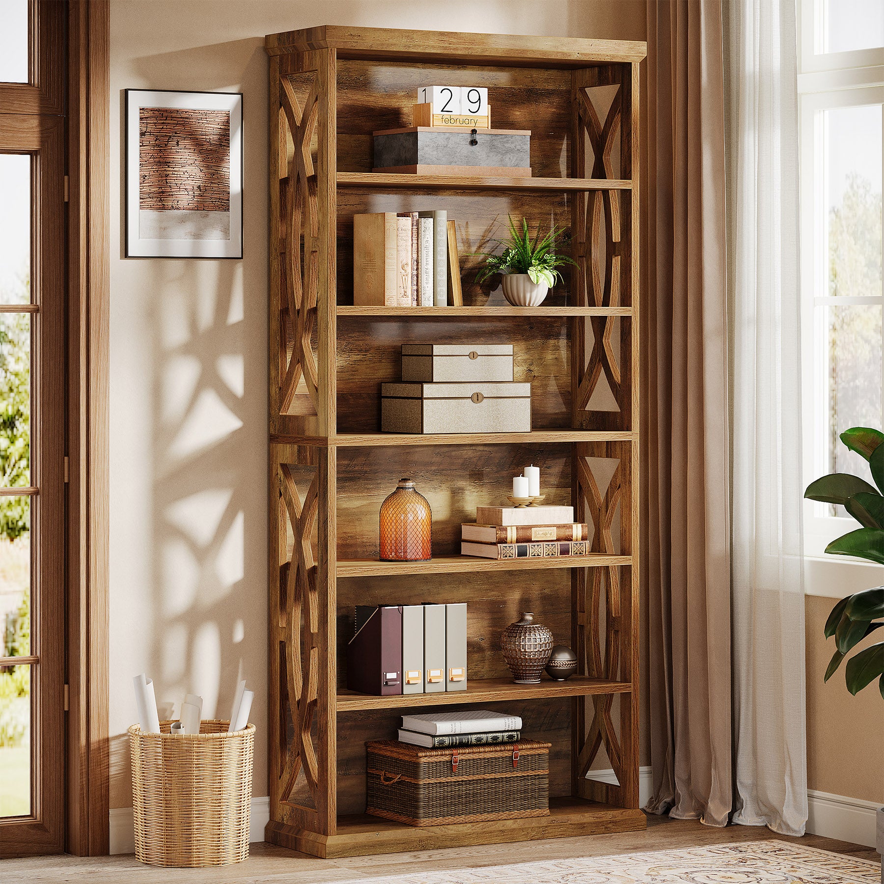 71" Wooden Bookshelf, 6-Tier Freestanding Bookcase Display Shelves