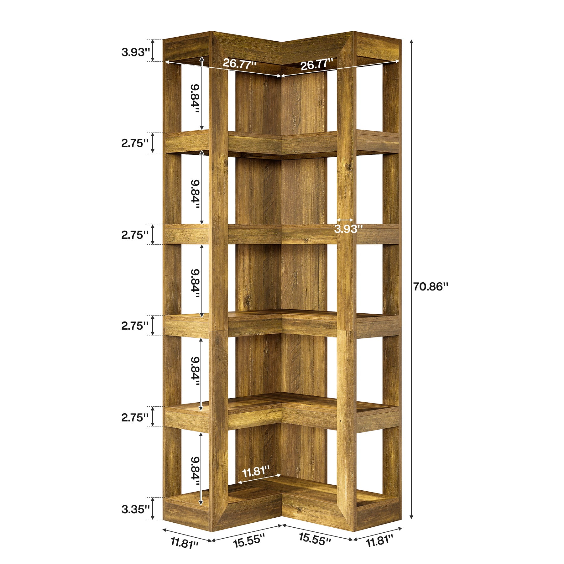 71" Wooden Bookshelf, Corner 6-Tier L-Shaped Shelf Stand with Storage
