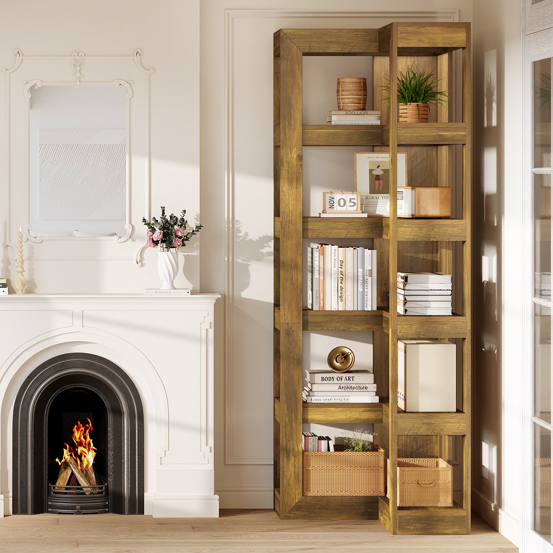 71" Wooden Bookshelf, Corner 6-Tier L-Shaped Shelf Stand with Storage