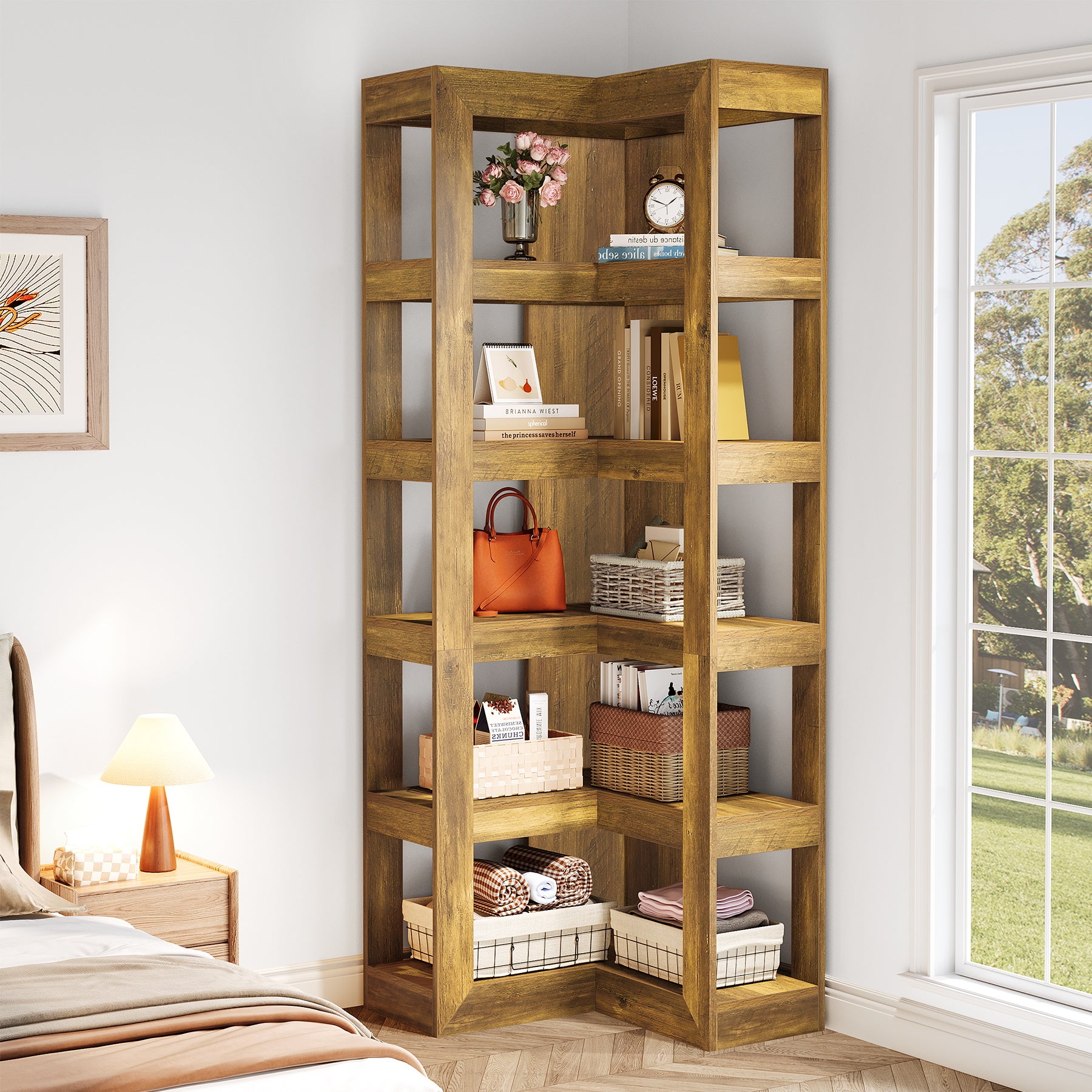 71" Wooden Bookshelf, Corner 6-Tier L-Shaped Shelf Stand with Storage