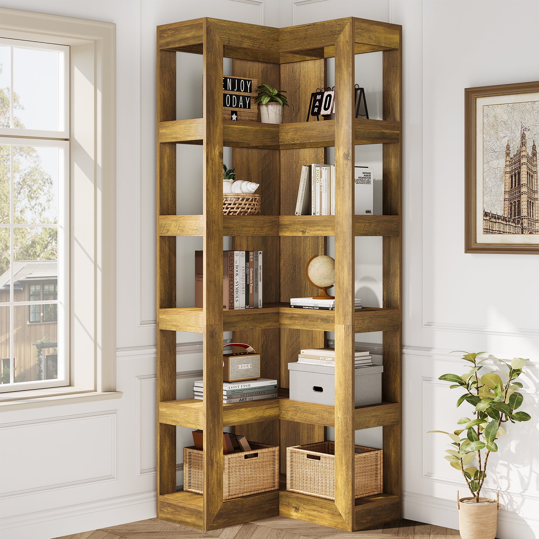 71" Wooden Bookshelf, Corner 6-Tier L-Shaped Shelf Stand with Storage