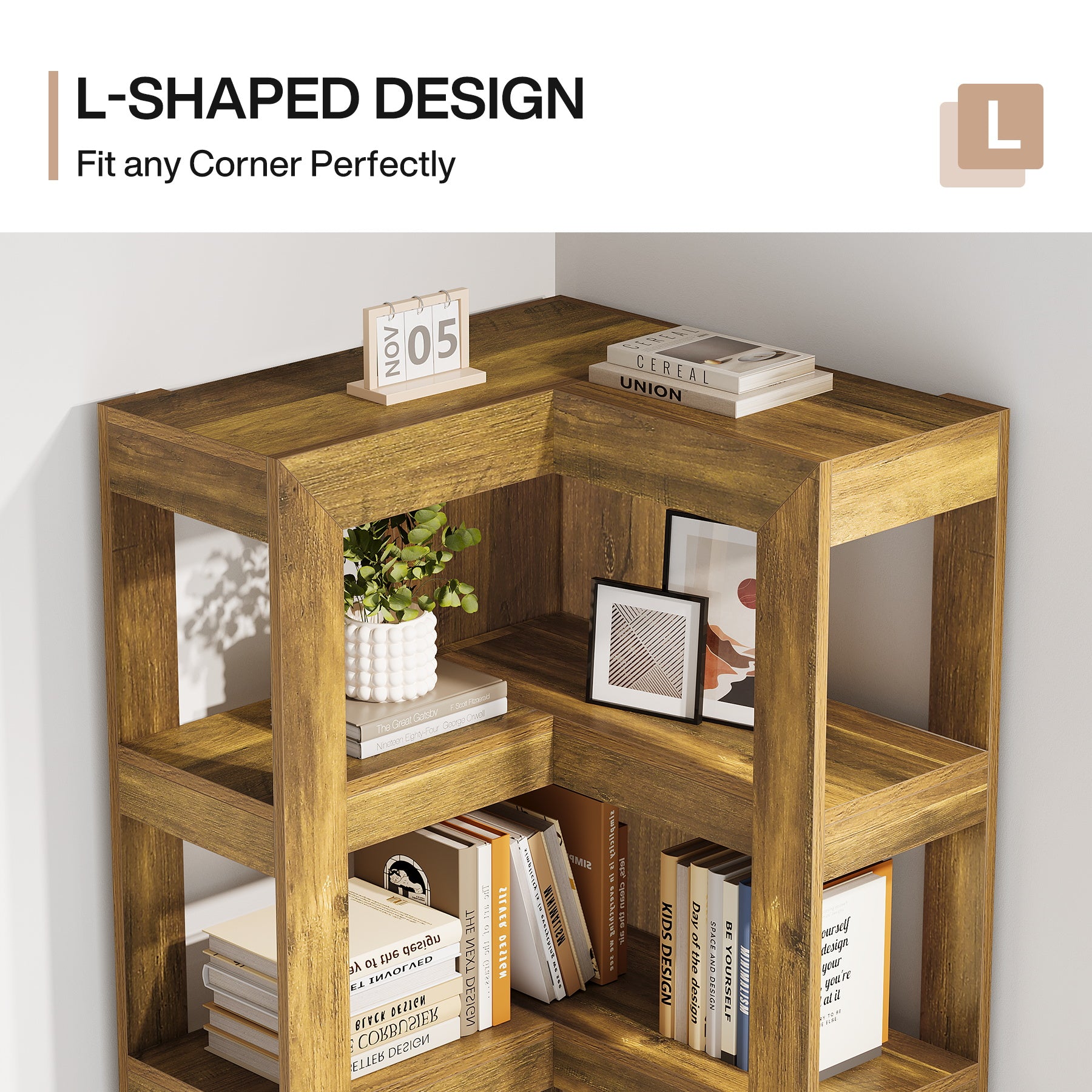 71" Wooden Bookshelf, Corner 6-Tier L-Shaped Shelf Stand with Storage