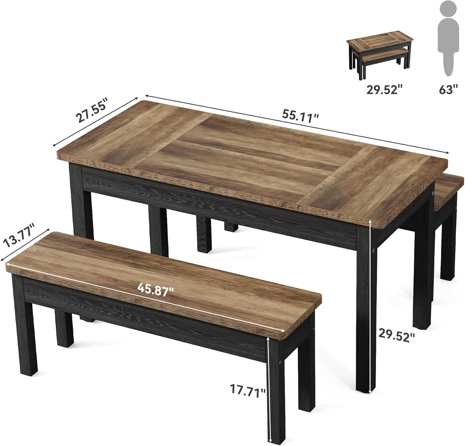 55" Farmhouse Kitchen Table Set for 4–6 People, 3 Piece Space Saving Dining Table with 2 Benches