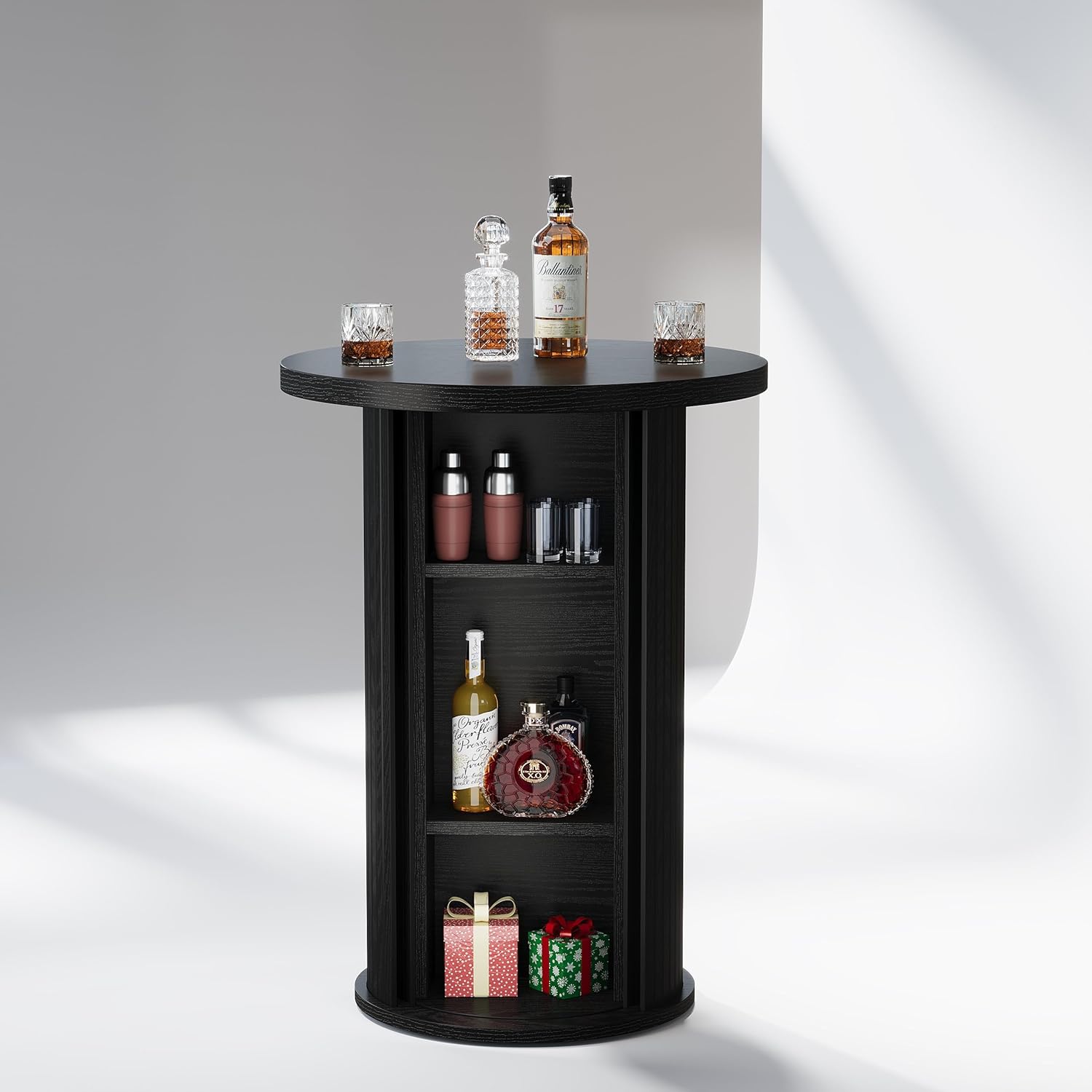 35.4" Round Bar Table, High Top Pub Table with 3-Tier Hidden Storage Shelves