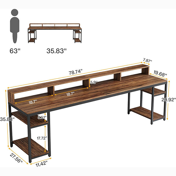 78.74" Extra Long Two Person Desk, Double Computer Desk with Storage Shelves