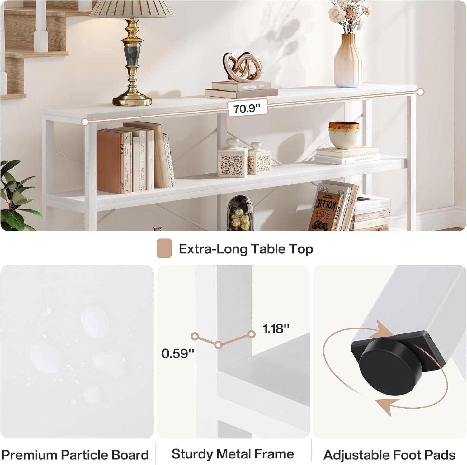 Tribesigns 70.9-Inch Extra Long Console Table, 3-Tier Industrial Sofa Table with Storage
