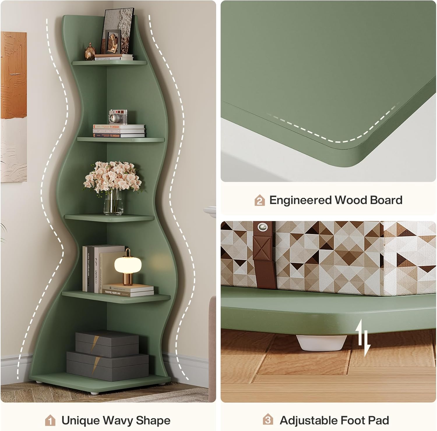 Tribesigns Wavy Corner Shelf, Modern 5-Tier Curved Bookshelf for Small Spaces