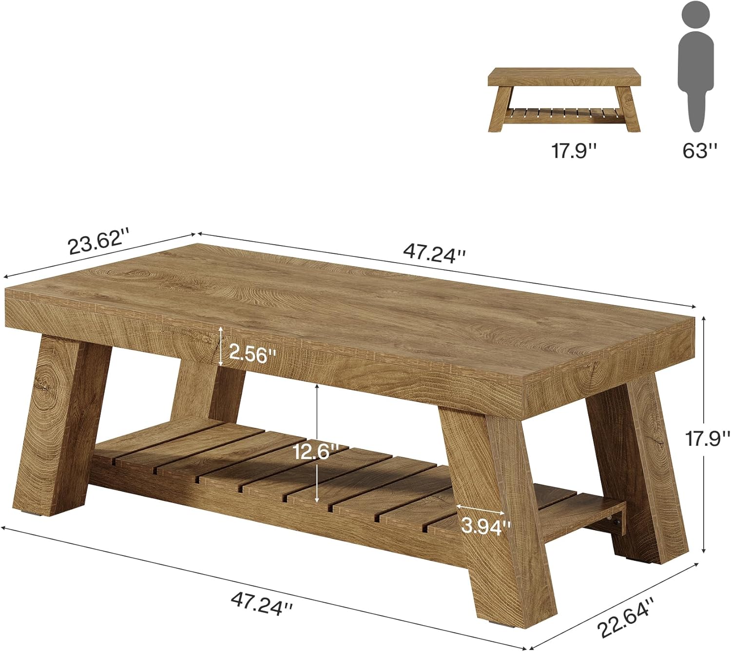 Rectangular Coffee Table, 47.24" Farmhouse Center Table with 2-Tier Storage
