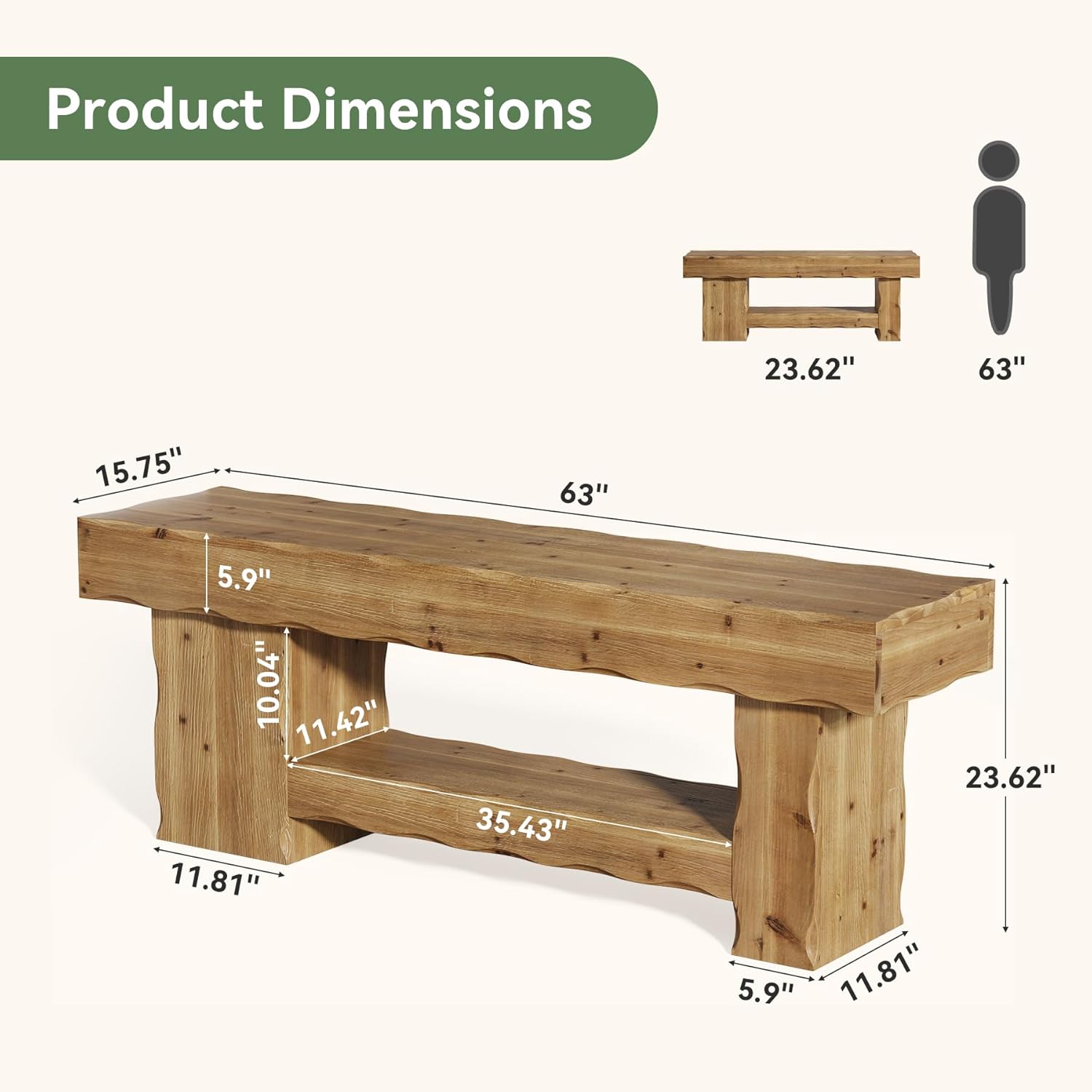 Solid Wood Entryway Shoe Bench, 63" End-of-Bed Bench with Storage Shelf