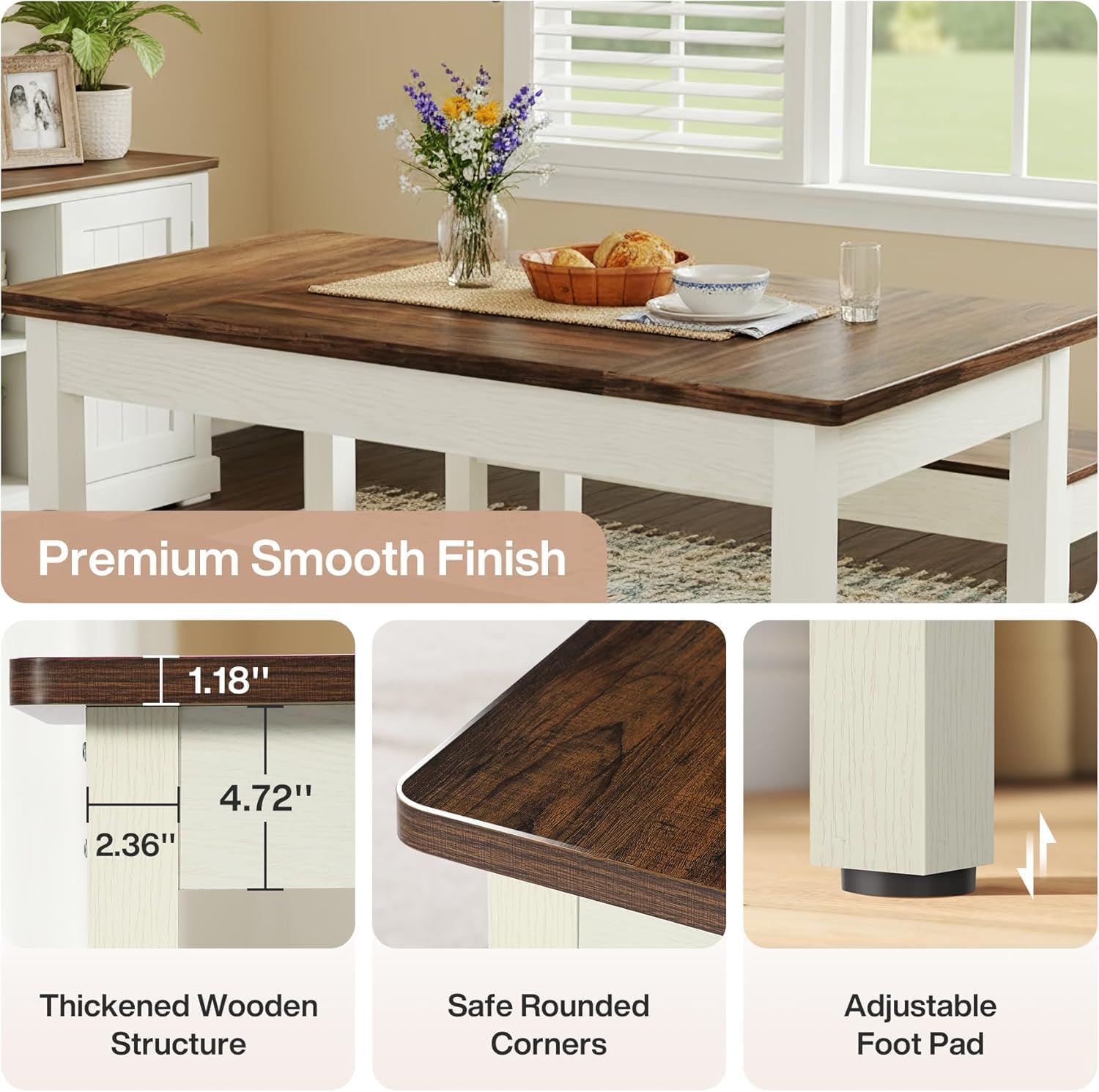 55" Farmhouse Kitchen Table Set for 4–6 People, 3 Piece Space Saving Dining Table with 2 Benches