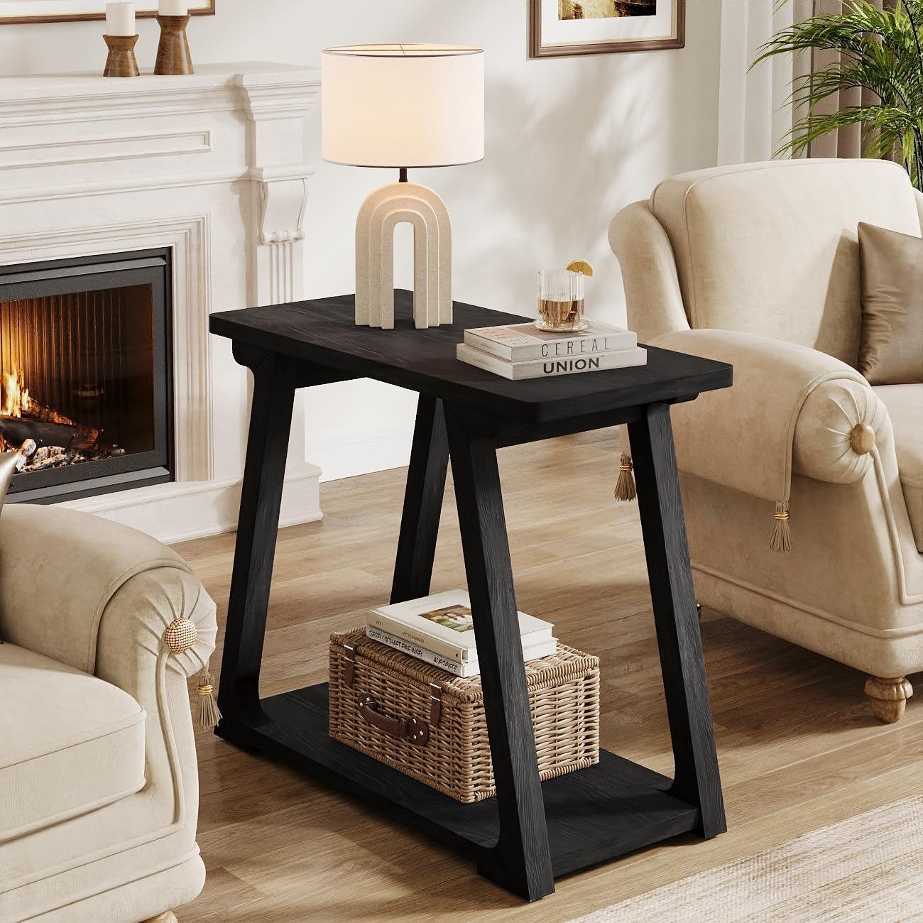 Solid Wood End Table, Narrow Side Table Nightstand with 2-Tier Storage