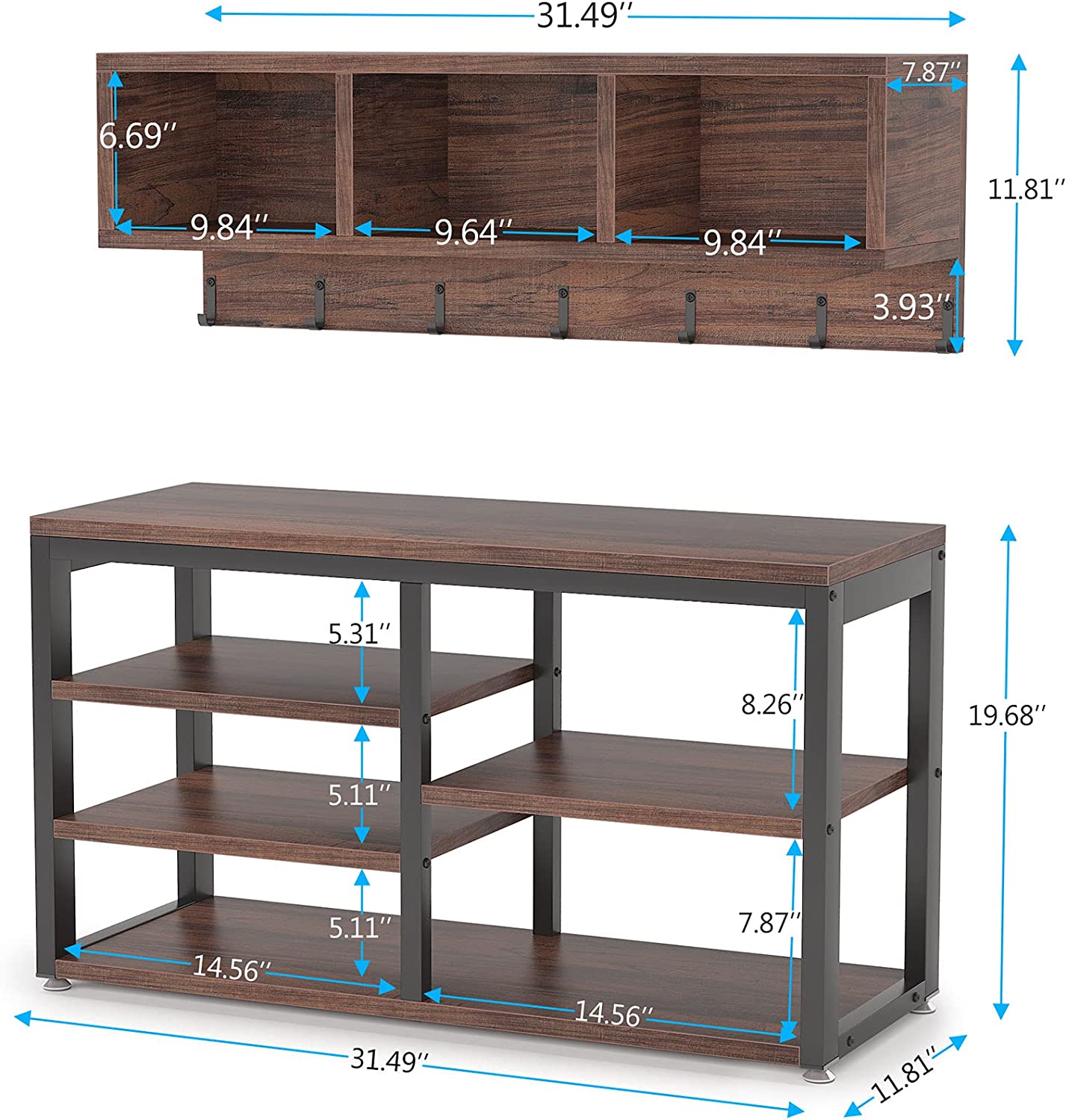 5 IN 1 Coat Rack Shoe Bench Set, Hall Tree with Wall Mounted Shelf