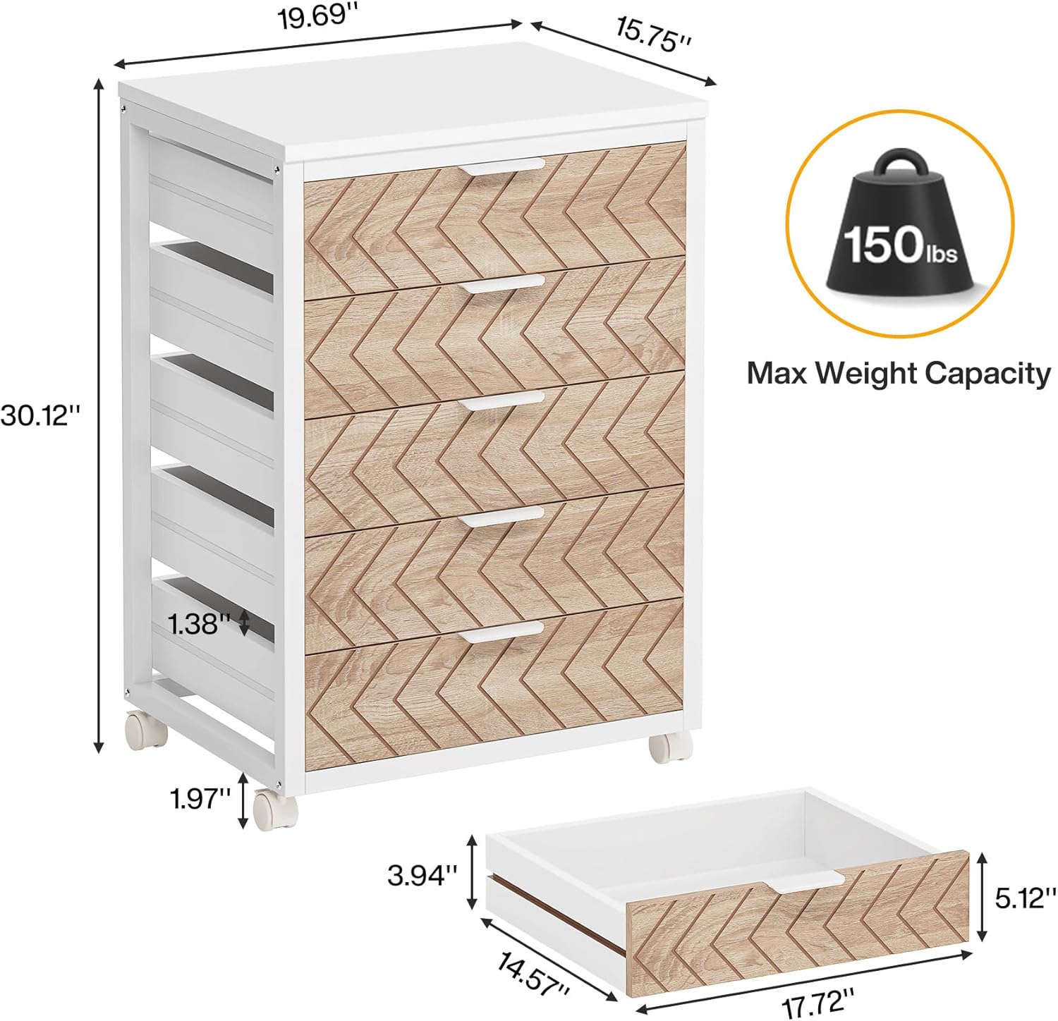 5-Drawer File Cabinet, Wood Mobile Storage Drawer Unit Industrial Office Cabinet with Drawers & Wheels
