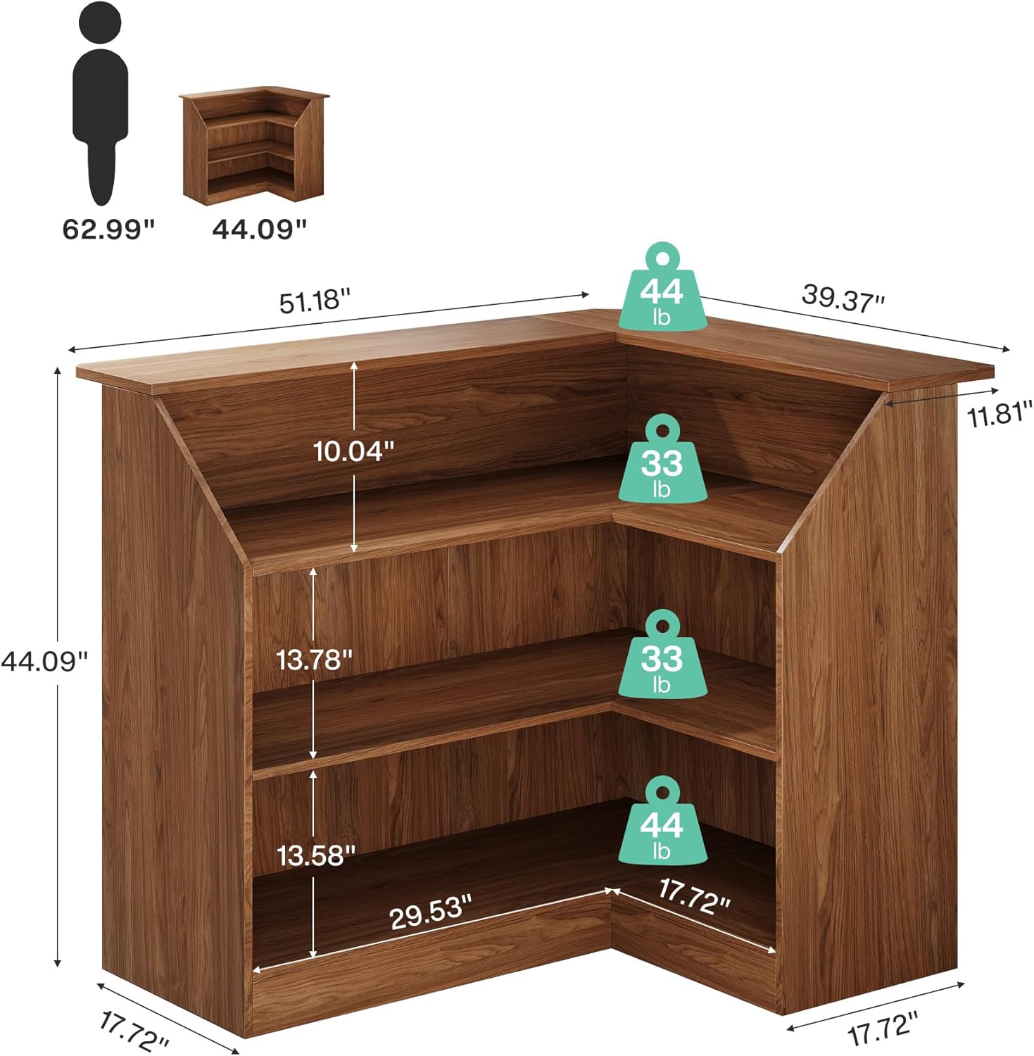 L-Shaped Reception Desk with Storage Shelves, Modern Front Desk for Small Office or Salon
