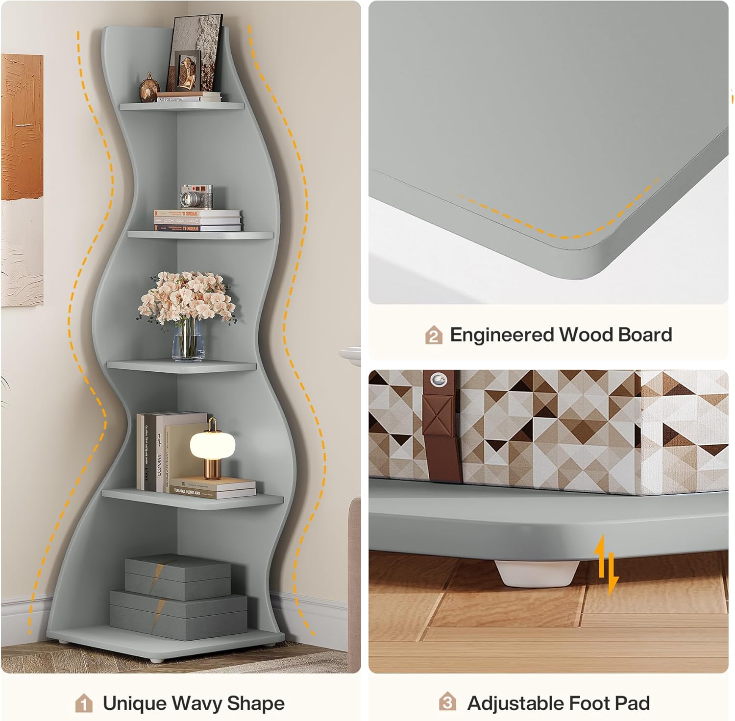 Tribesigns Wavy Corner Shelf, Modern 5-Tier Curved Bookshelf for Small Spaces