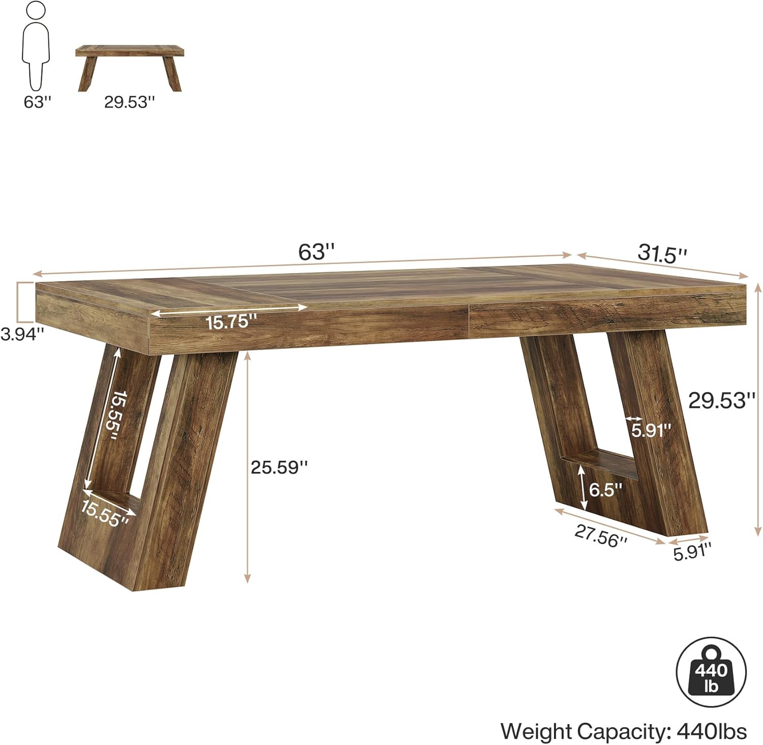 63" Executive Desk, Wood Office Desk Computer Desk with Double Pedestal Tribesigns