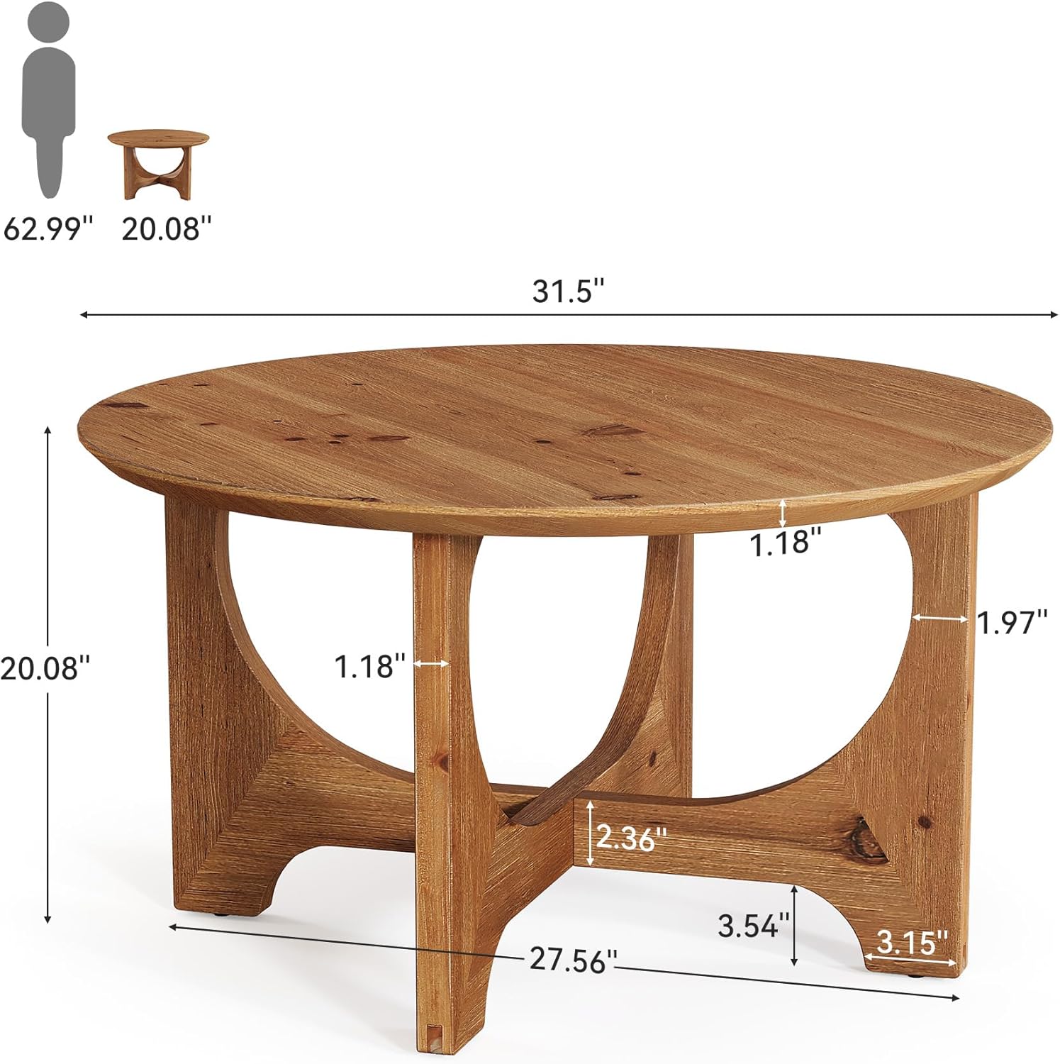 Solid Wood Coffee Table, 31.5" Round Center Table for Living Room