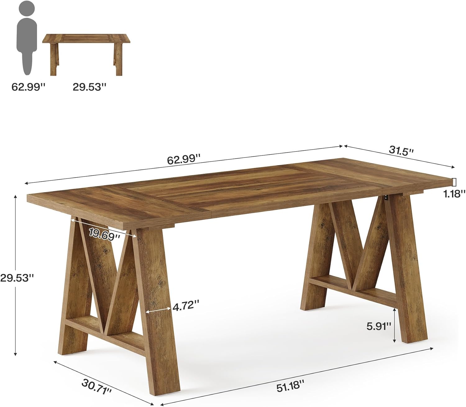 63" Dining Table, Rectangular Wooden Kitchen Table for 4-6
