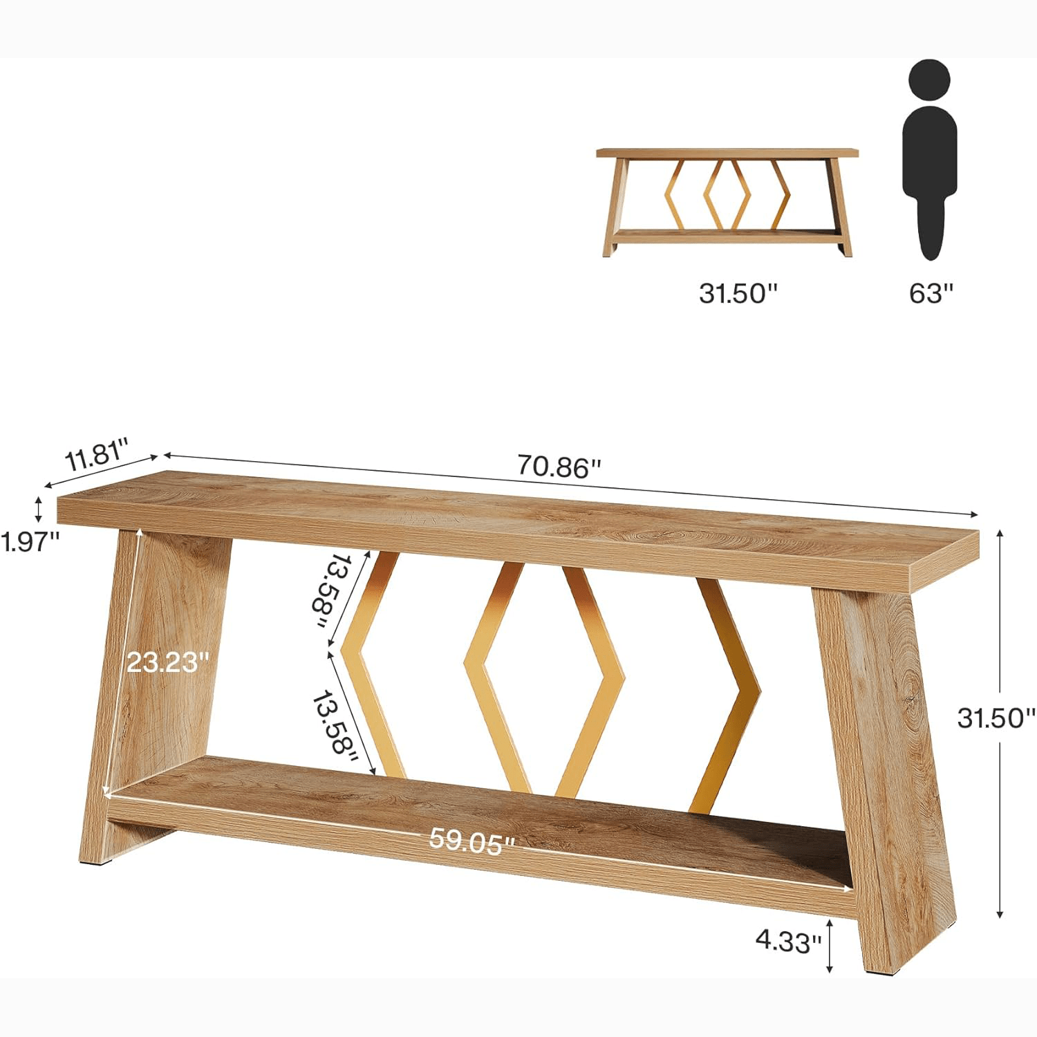 70.86" Extra Long Console Table, 2-Tier Wooden Sofa Table with Storage