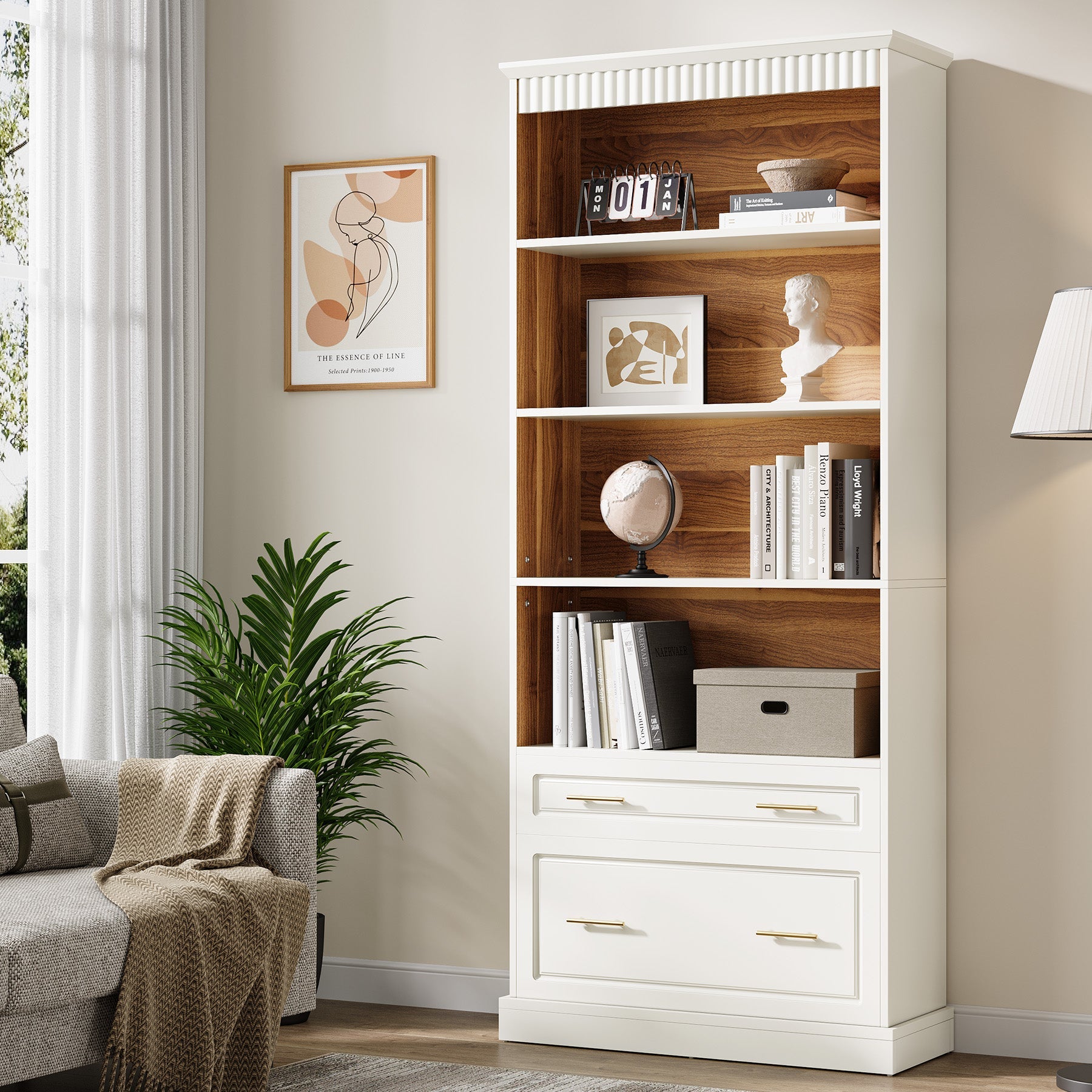 72" Bookshelf with Drawers, FreeStanding 5 - Shelf Bookcase Display Shelf Tribesigns