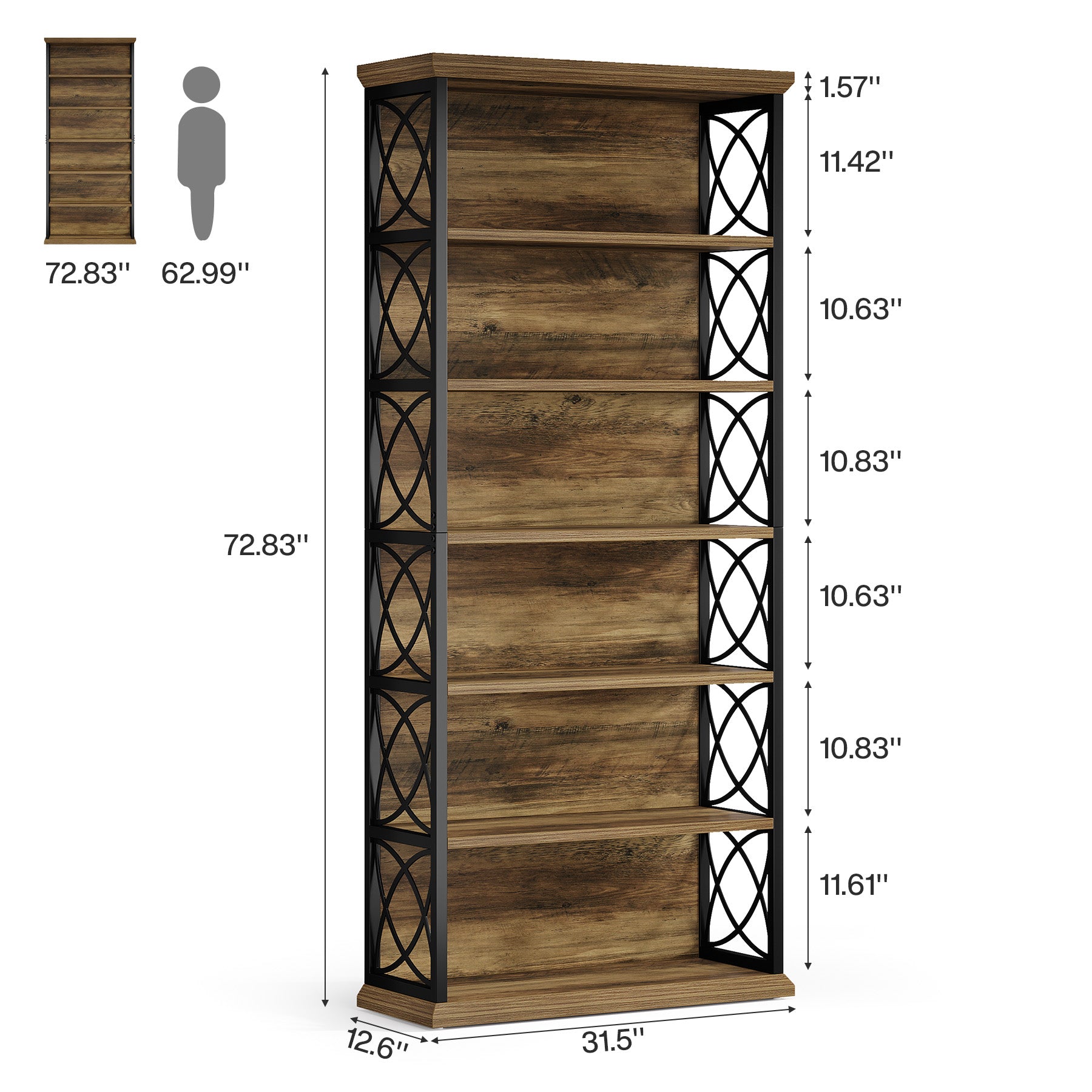 72" Tall Bookshelf, 6-Tier Industrial Etagere Bookcase with Open Storage Shelves