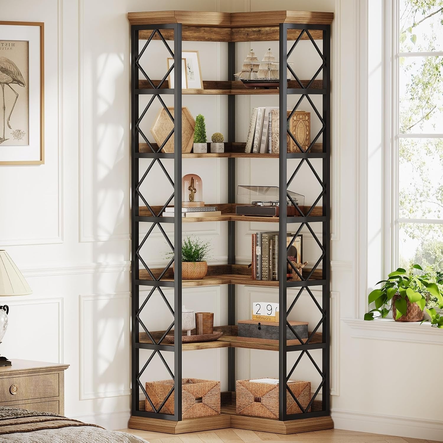72" Tall Corner Bookshelf, 6-Tier L-Shaped Corner Bookcase with Back Baffle