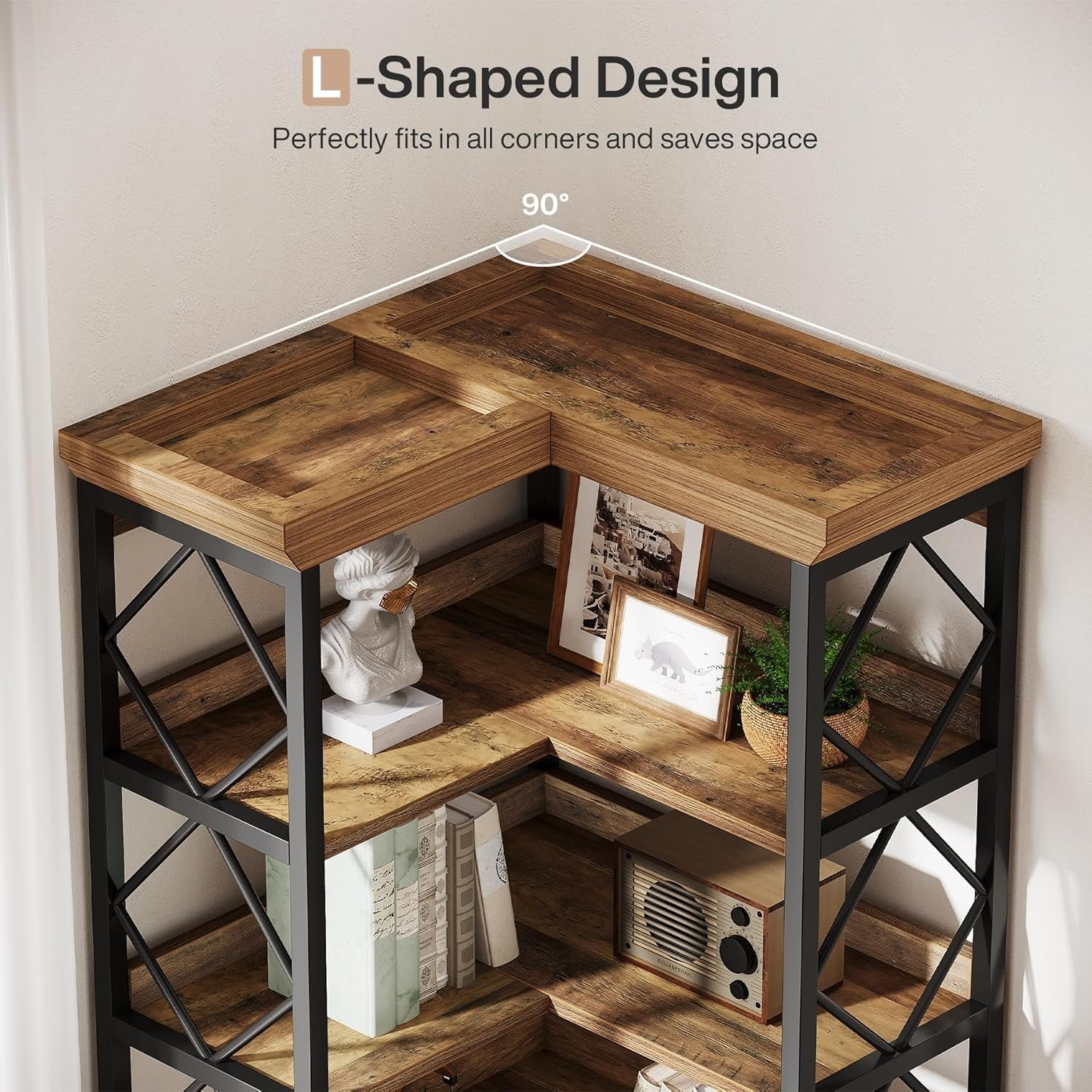 72" Tall Corner Bookshelf, 6-Tier L-Shaped Corner Bookcase with Back Baffle