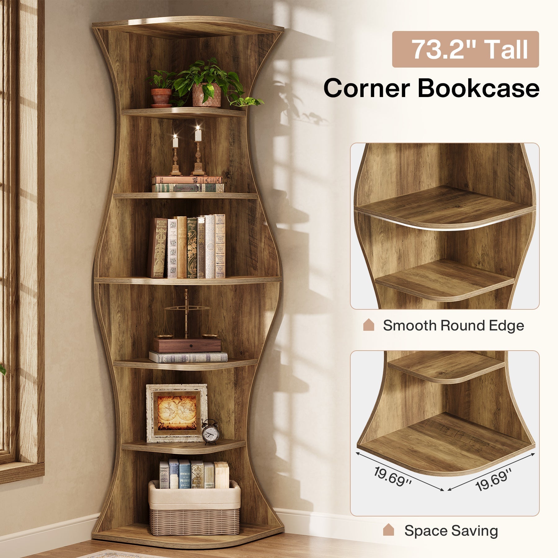 73.2" Corner Shelf, Farmhouse 6 - Tier Corner Bookcase for Small Space Tribesigns