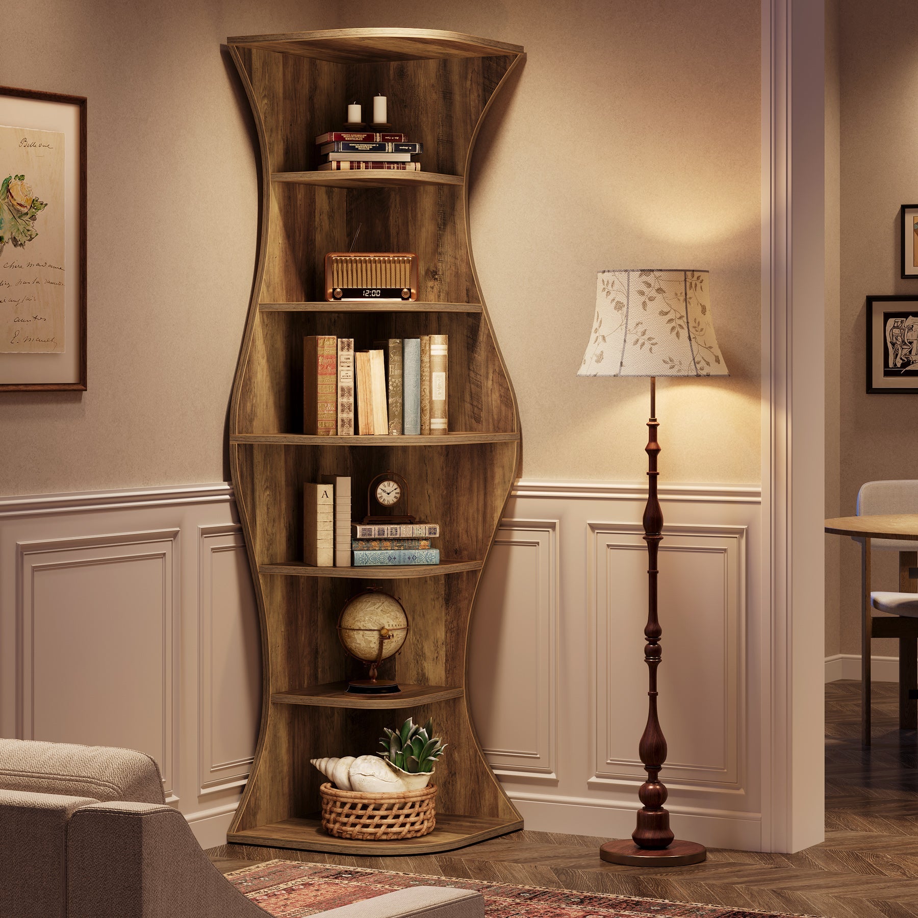 73.2" Corner Shelf, Farmhouse 6 - Tier Corner Bookcase for Small Space Tribesigns