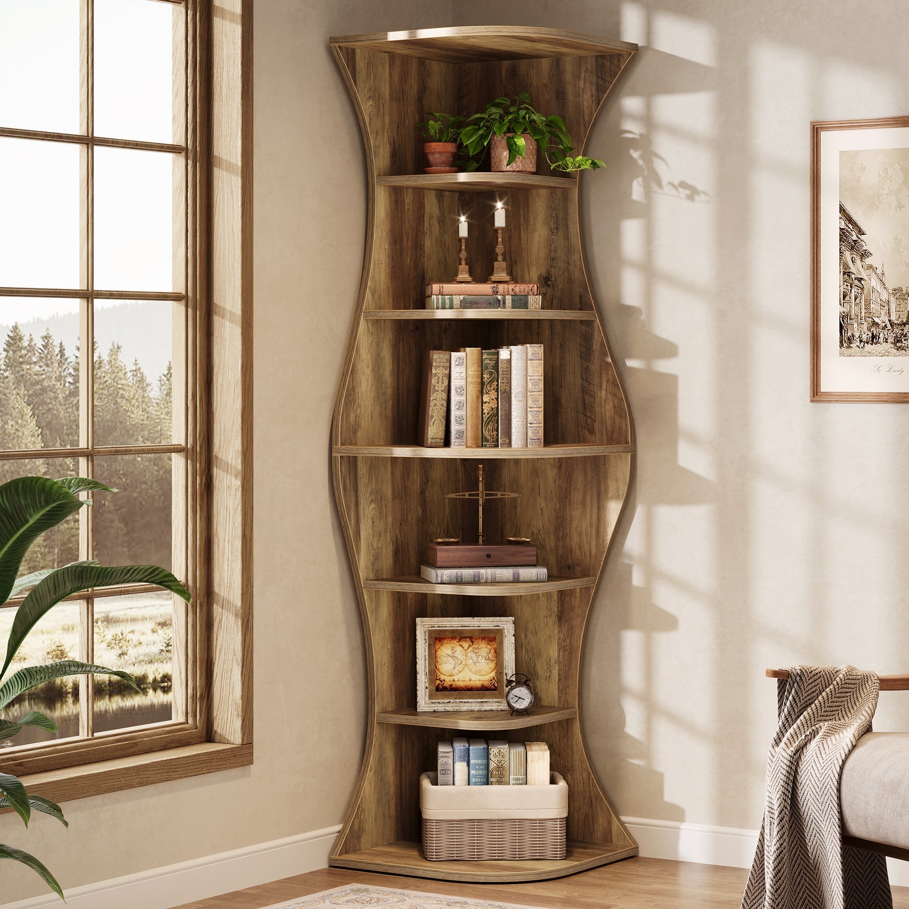 73.2" Corner Shelf, Farmhouse 6 - Tier Corner Bookcase for Small Space Tribesigns