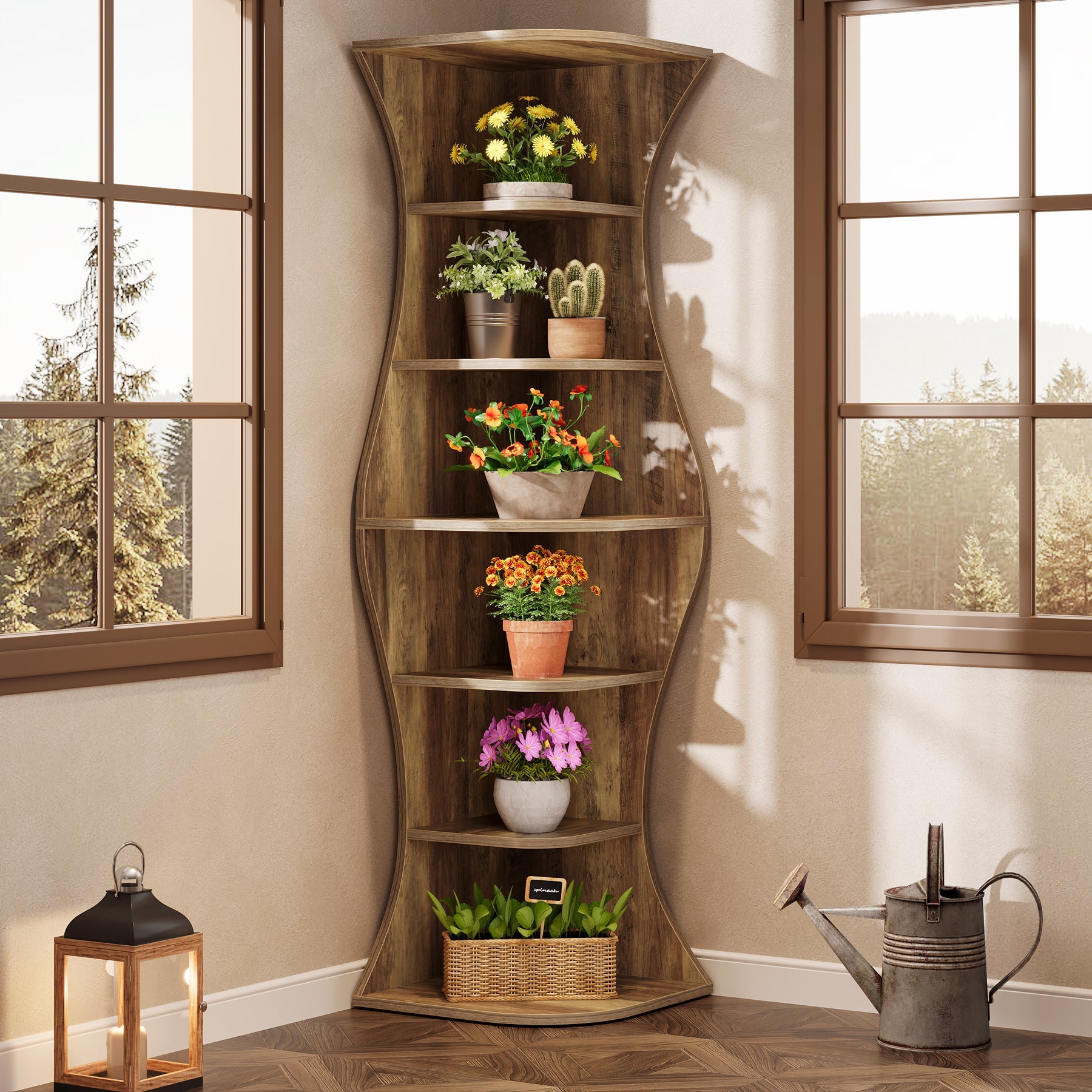 73.2" Corner Shelf, Farmhouse 6 - Tier Corner Bookcase for Small Space Tribesigns