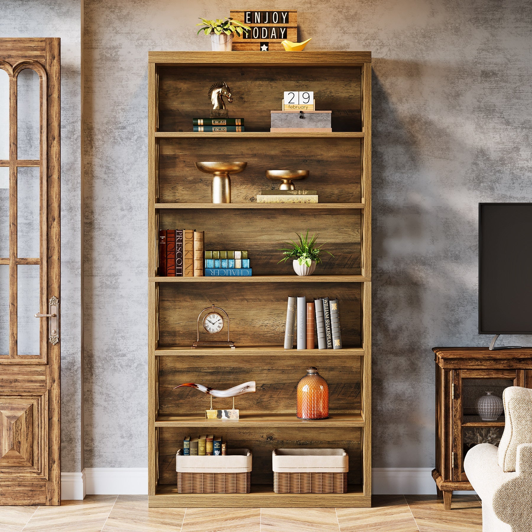 74.8" Bookshelf, 6 - Tier Bookcase Standing Open Display Storage Shelves Tribesigns