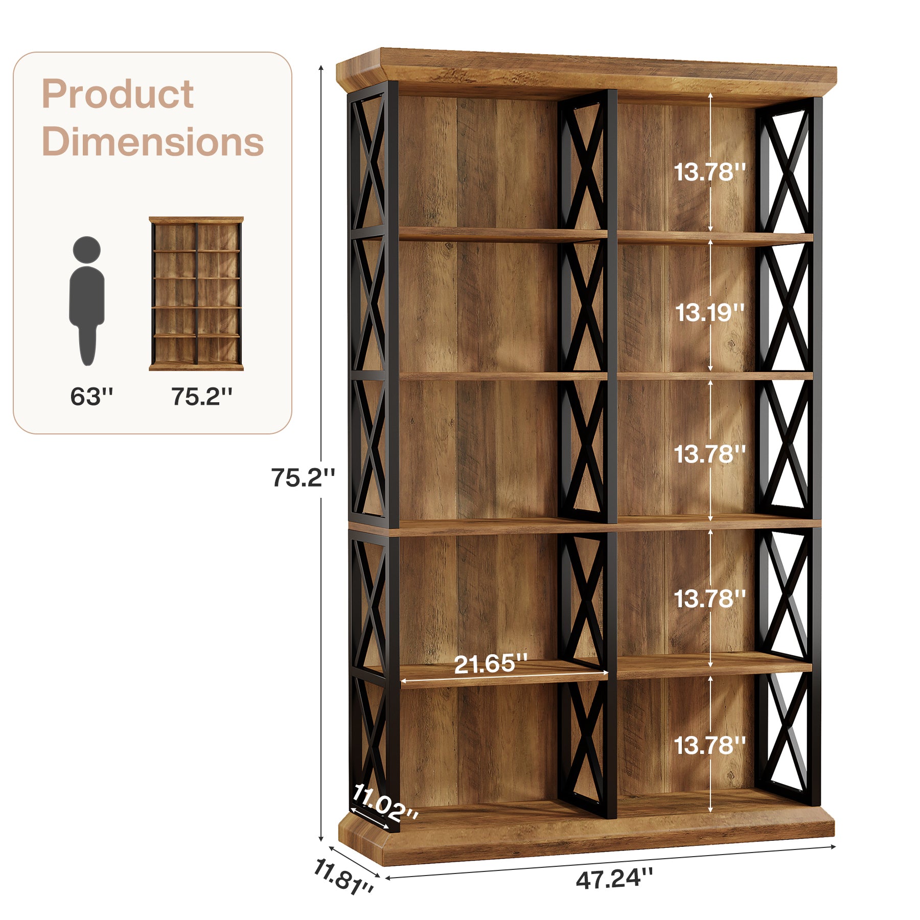 75" Tall Bookcase, 6-Tier Industrial Bookshelf Display Storage Etagere for Home Office