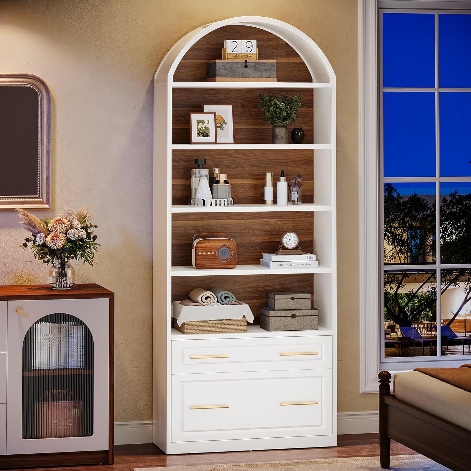 76.8" Arched Bookcase, 5 - Tier Modern Bookshelf Display Shelf with File Cabinet Drawer Tribesigns