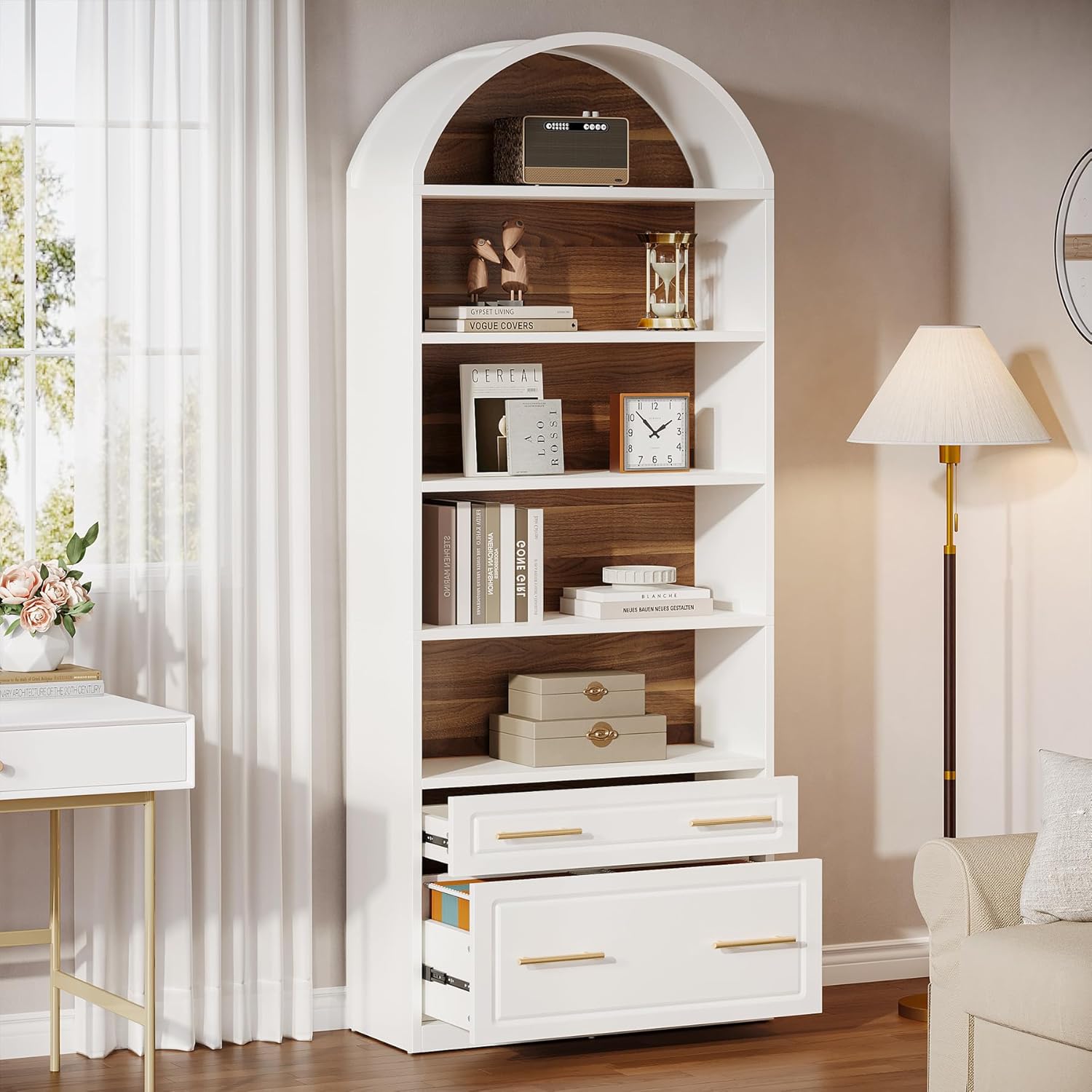 76.8" Arched Bookcase, 5 - Tier Modern Bookshelf Display Shelf with File Cabinet Drawer Tribesigns