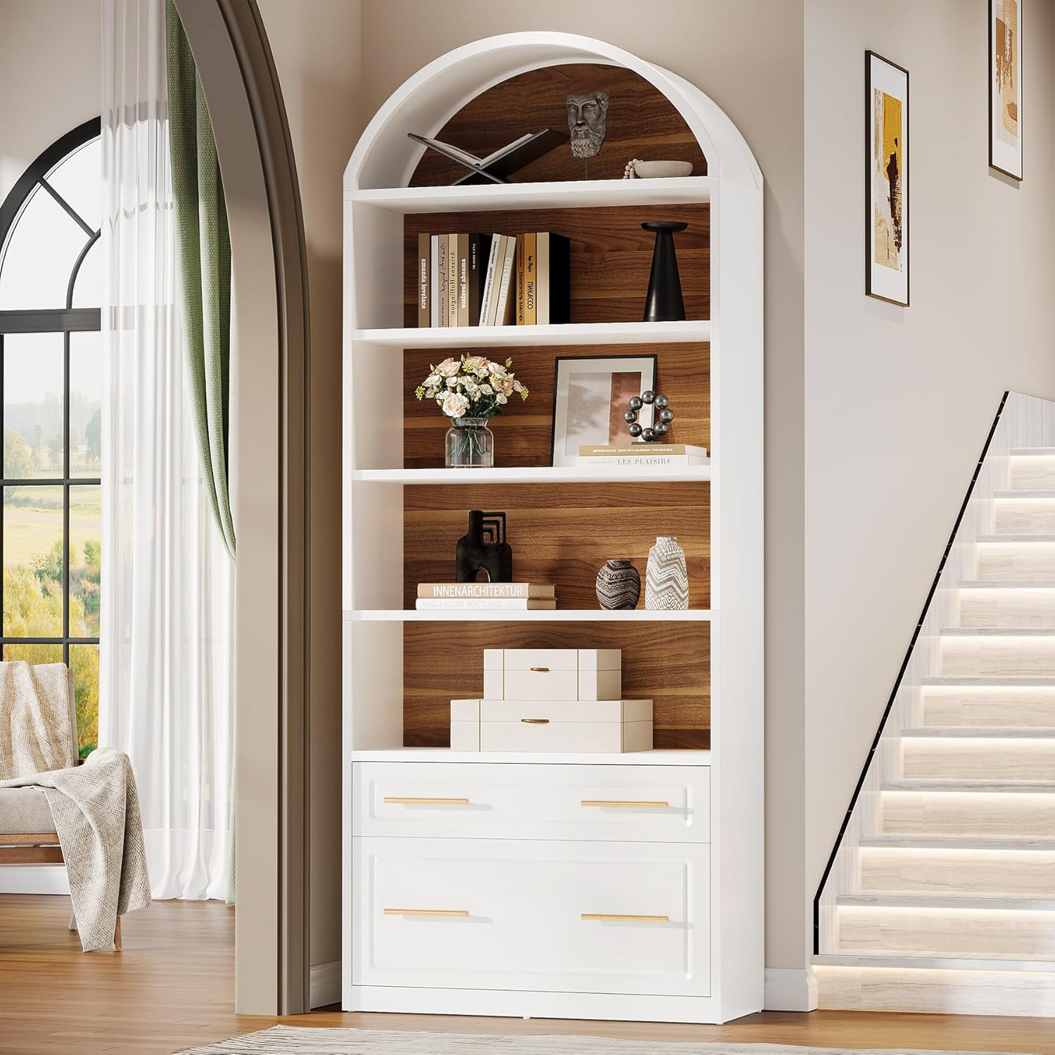 76.8" Arched Bookcase, 5 - Tier Modern Bookshelf Display Shelf with File Cabinet Drawer Tribesigns