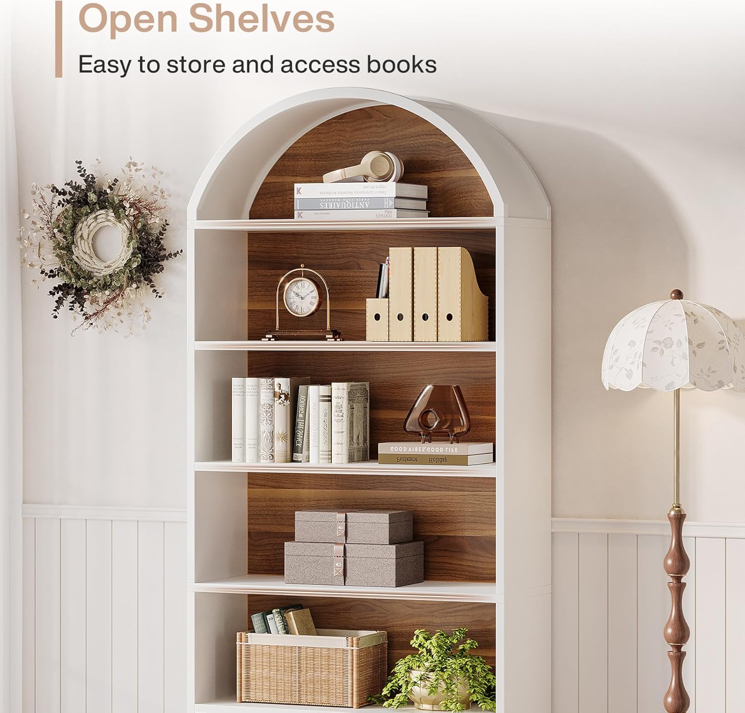 76.8" Arched Bookcase, 5 - Tier Modern Bookshelf Display Shelf with File Cabinet Drawer Tribesigns