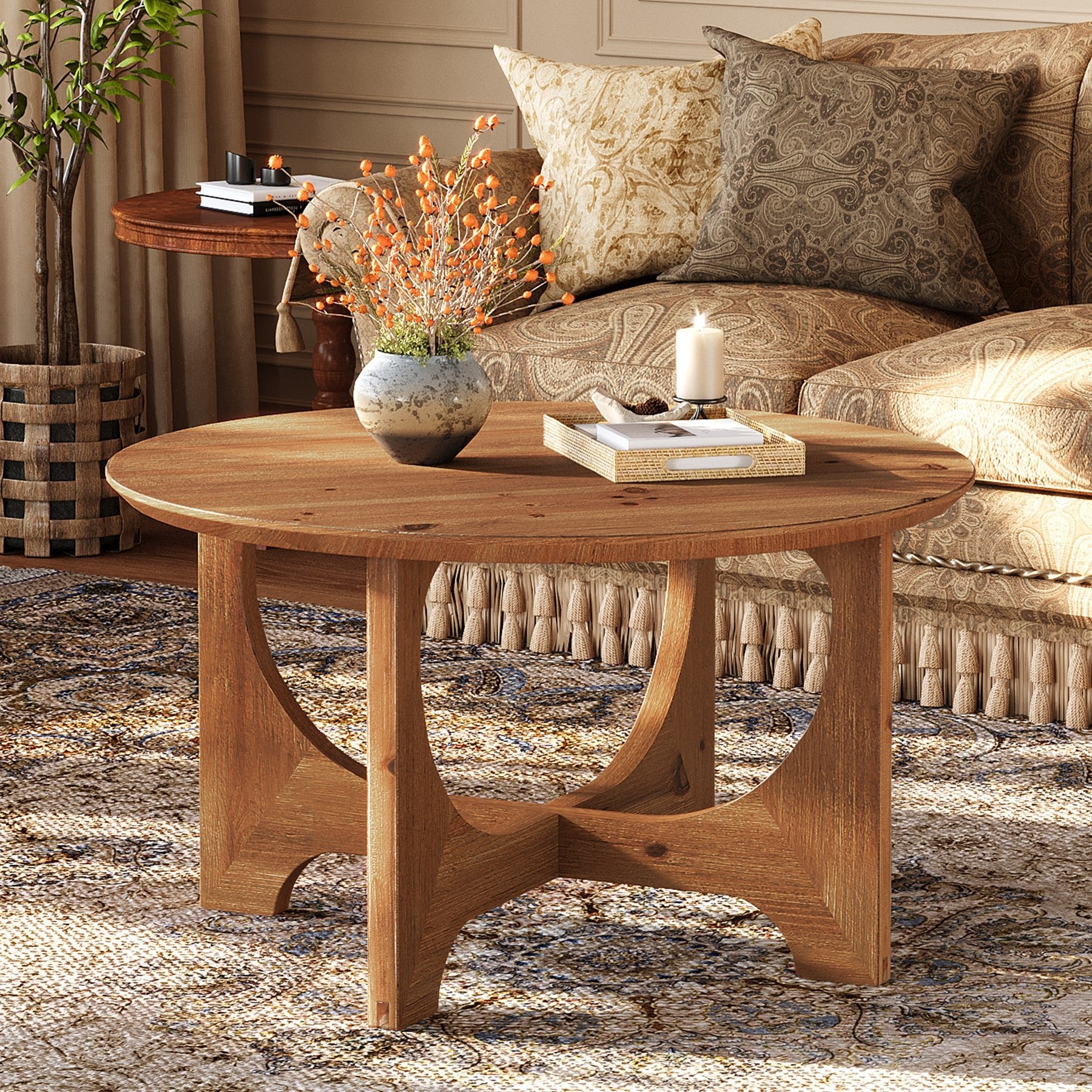 Solid Wood Coffee Table, 31.5" Round Center Table for Living Room