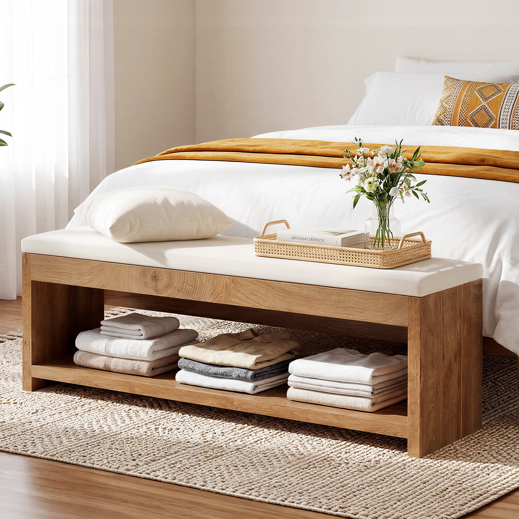 Upholstered End of Bed Bench, 55" Wooden Storage Bench with Shoe Rack