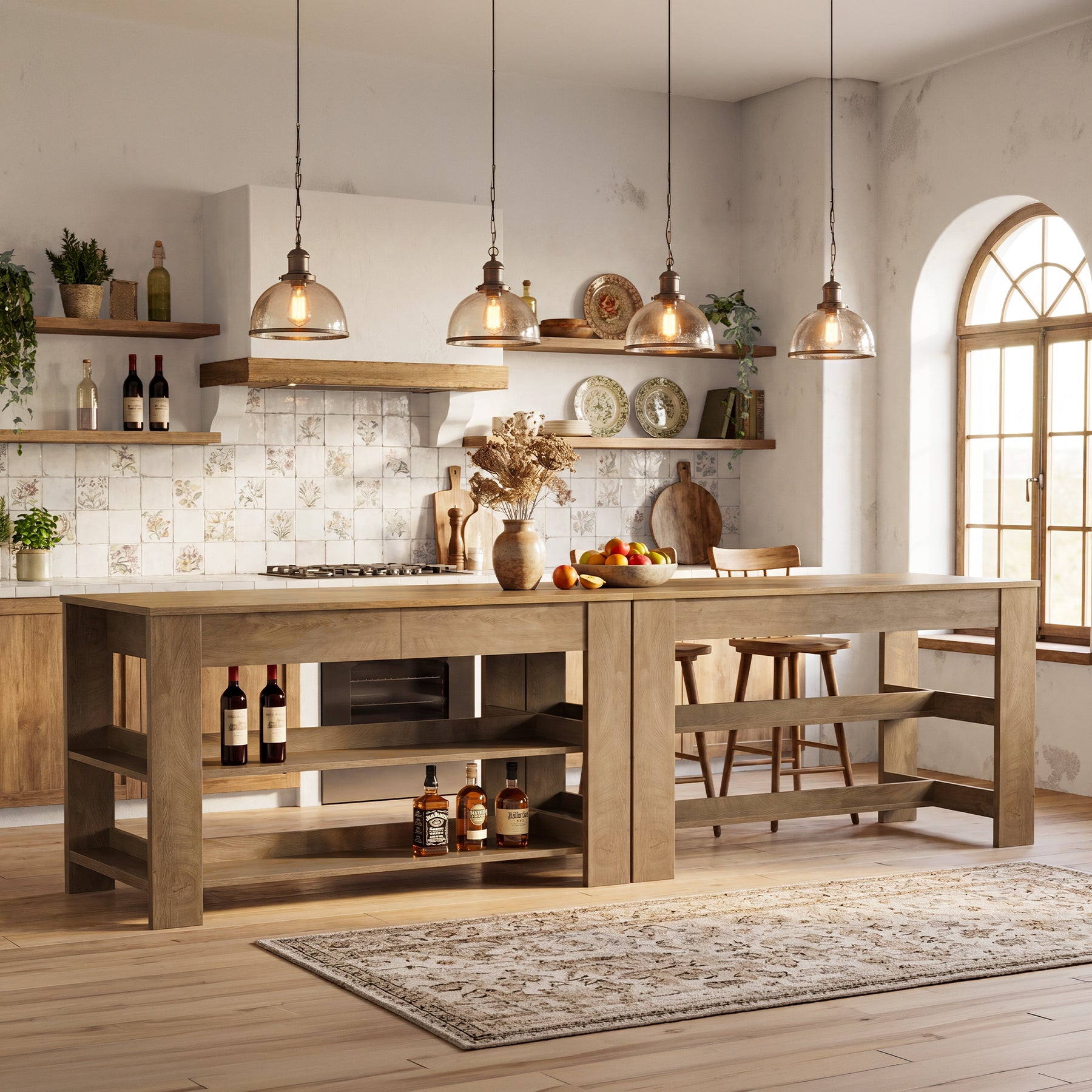 55" Farmhouse Kitchen Island with 2 Drawers & Open Storage Shelves, Stationary Kitchen Island Table